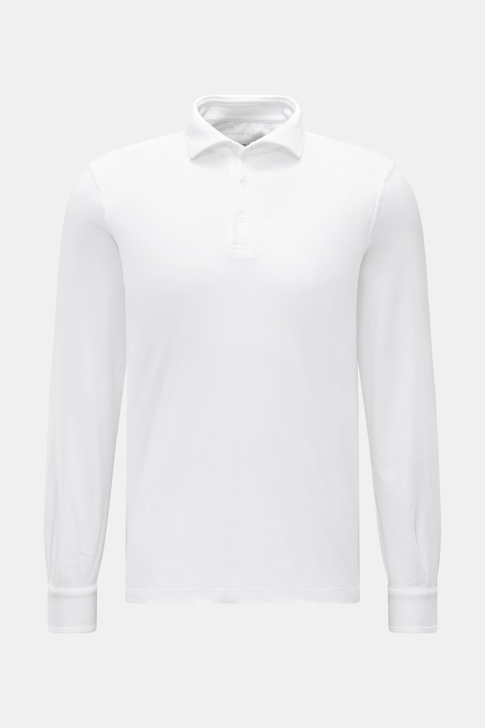 Fedeli Jersey Longsleeve-Poloshirt 'Zero' weiß, frontal fotografiert, Slim Fit aus sanfter, seidiger Giza-Baumwolle, Perlmuttknöpfe, klassischer Polokragen.