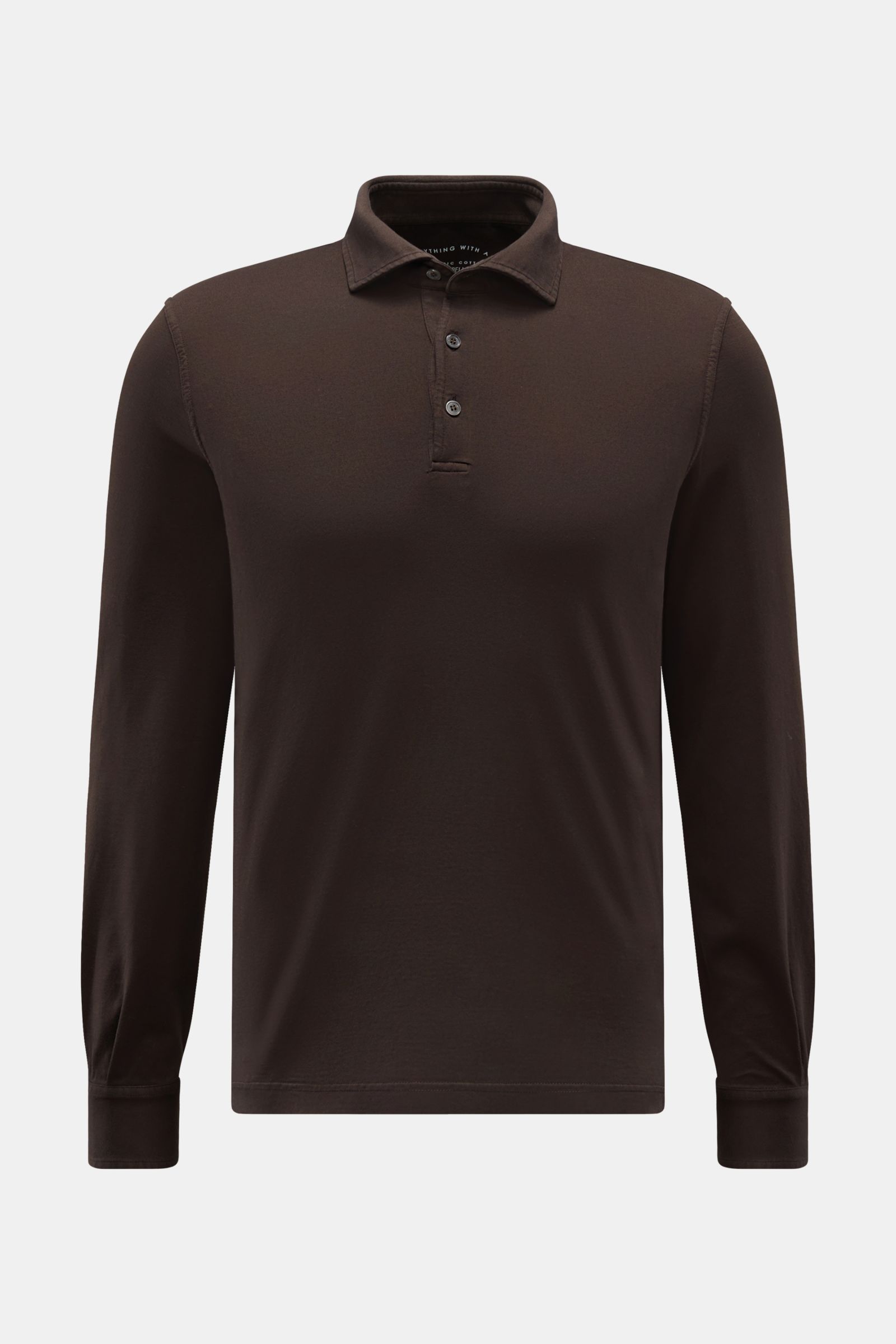 Fedeli Jersey Longsleeve-Poloshirt 'Zero' braun, frontale Ansicht, Slim Fit aus seidiger Giza-Baumwolle mit Perlmuttknöpfen, Polokragen, Manschetten und Saumschlitzen.