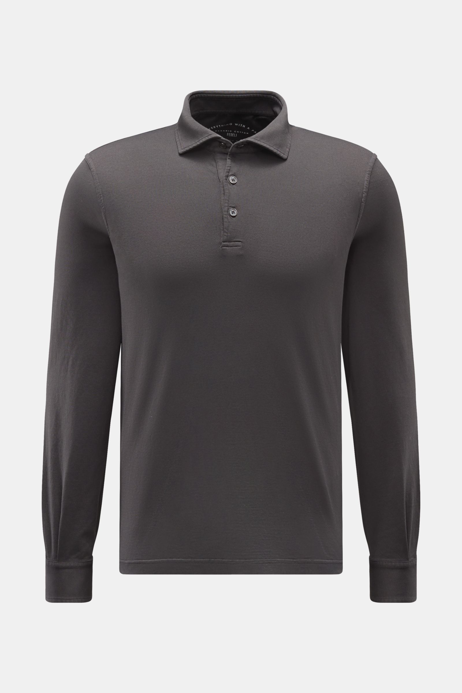Fedeli Jersey Longsleeve-Poloshirt 'Zero' dunkelgrau, slim fit, aus glattem, seidigem Giza-Baumwoll-Jersey mit Perlmuttknöpfen, frontale Ansicht.