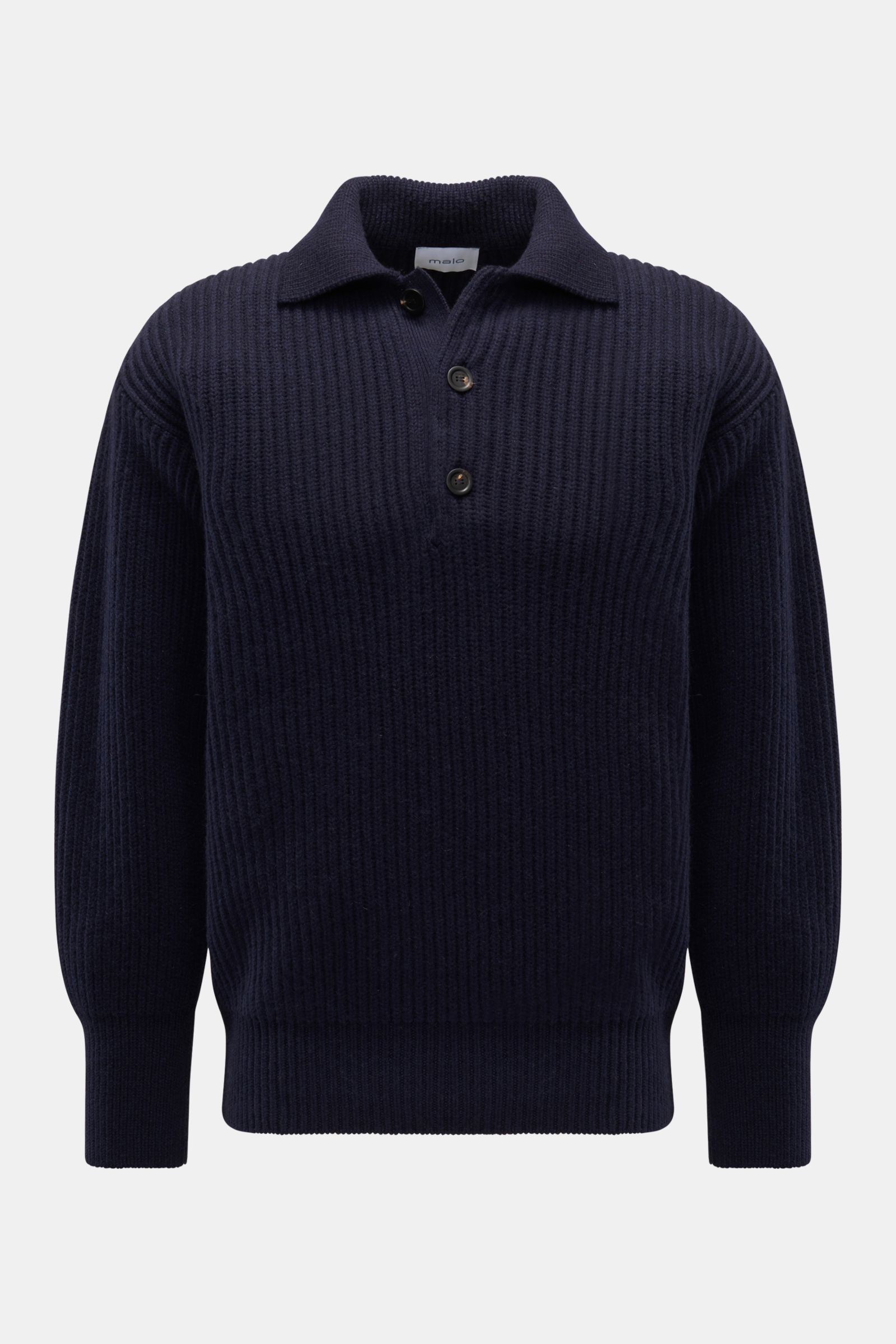 Malo Cashmere Strickpolo navy, frontal fotografiert, Oversized Fit, reiner Cashmere, grober Patent-Strick, Polokragen, drei Knöpfe, elastische Rippbündchen.