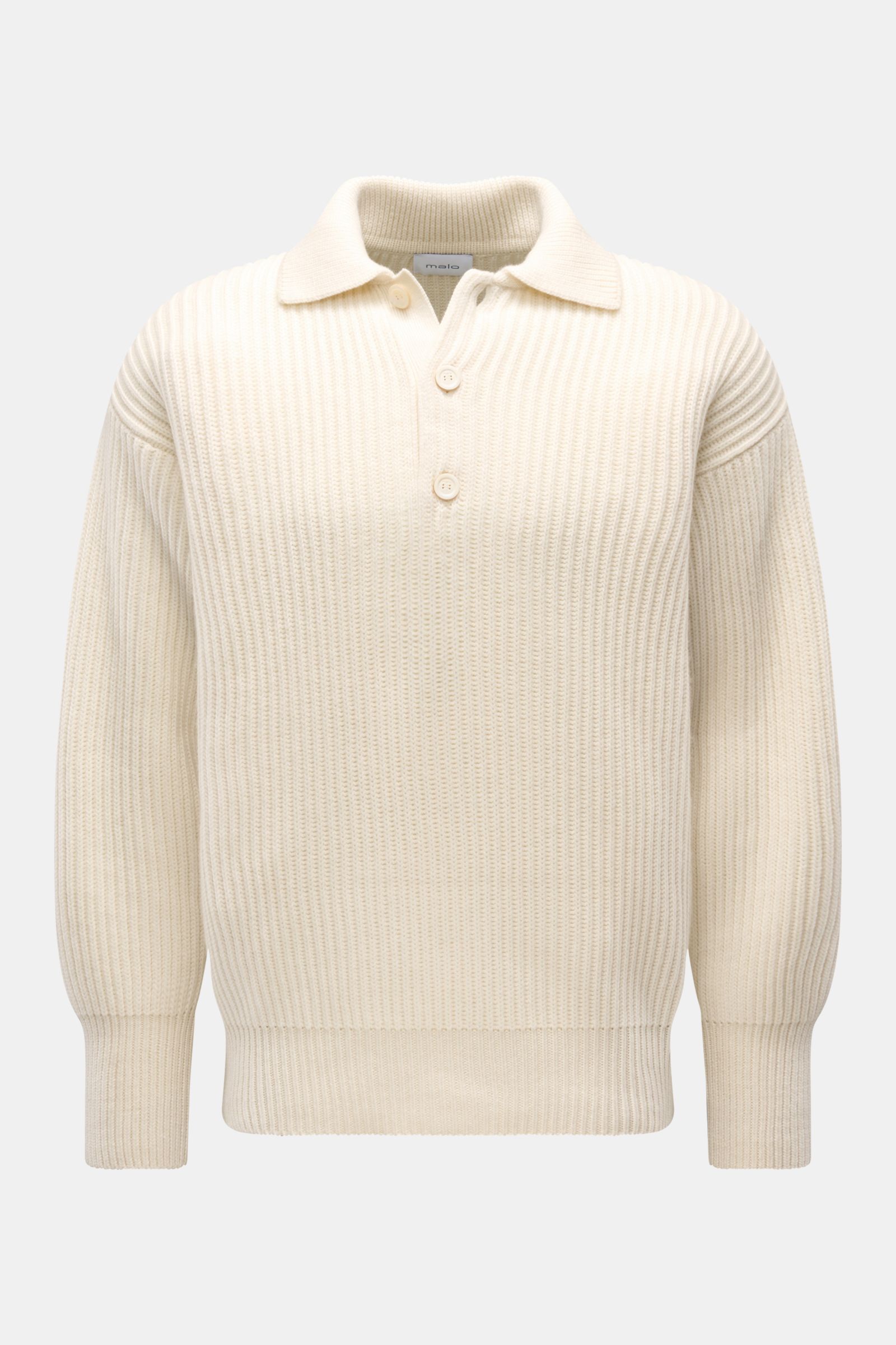 Malo Cashmere Strickpolo off-white, frontale Ansicht, Oversized Fit, grober italienischer Cashmere-Strick, drei Knöpfe, Patentmuster, Rippbündchen.
