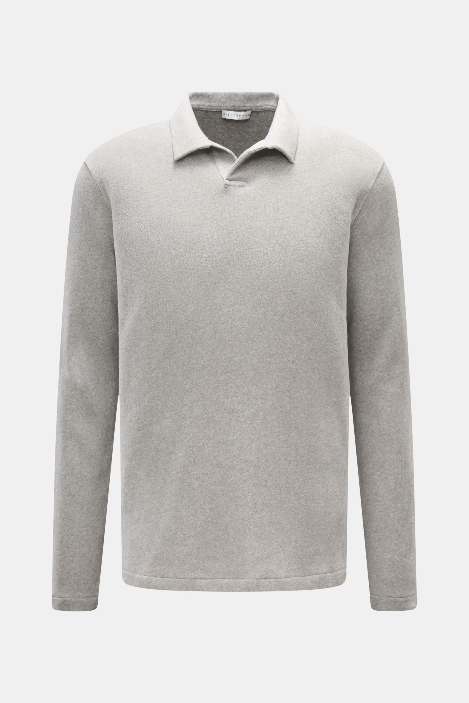 Kiefermann Longsleeve-Poloshirt 'Tonin' grau meliert, frontale Ansicht, Jersey aus Baumwolle/Microfaser, angeraut, weich, Regular Fit, Polokragen, offene Kragenleiste.