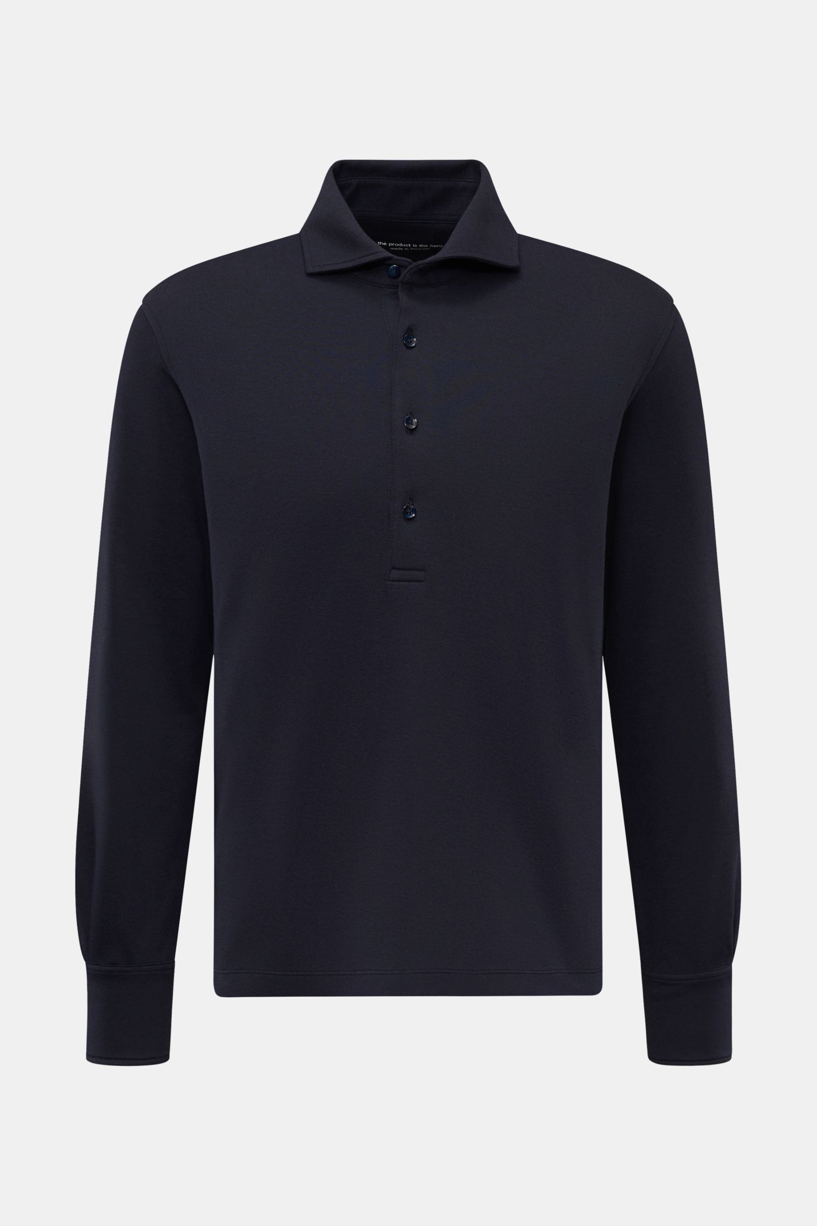 The Product is the Hero Longsleeve-Poloshirt navy, frontansicht, langarm, Baumwoll-Cashmere-Piqué, Polokragen Haifischform, Regular Fit.