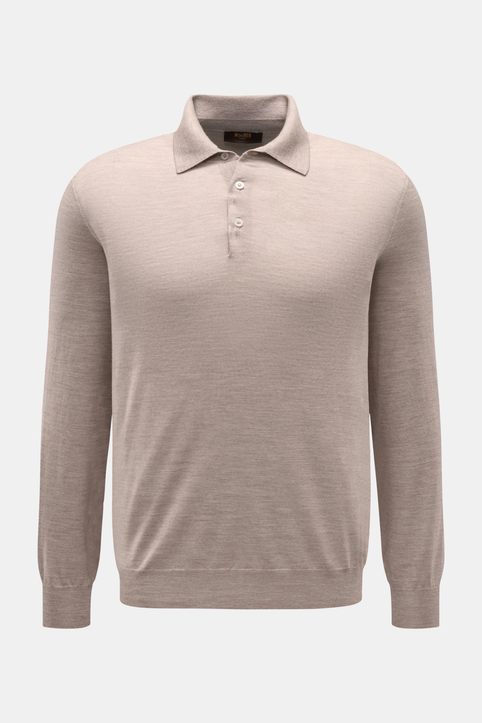 Moorer Strickpolo 'Alonso' beige meliert, Slim Fit, feinstrick aus reiner Wolle, weicher Griff, feines Maschenbild, Polokragen, Knopfleiste, Rippbündchen, frontale Ansicht.