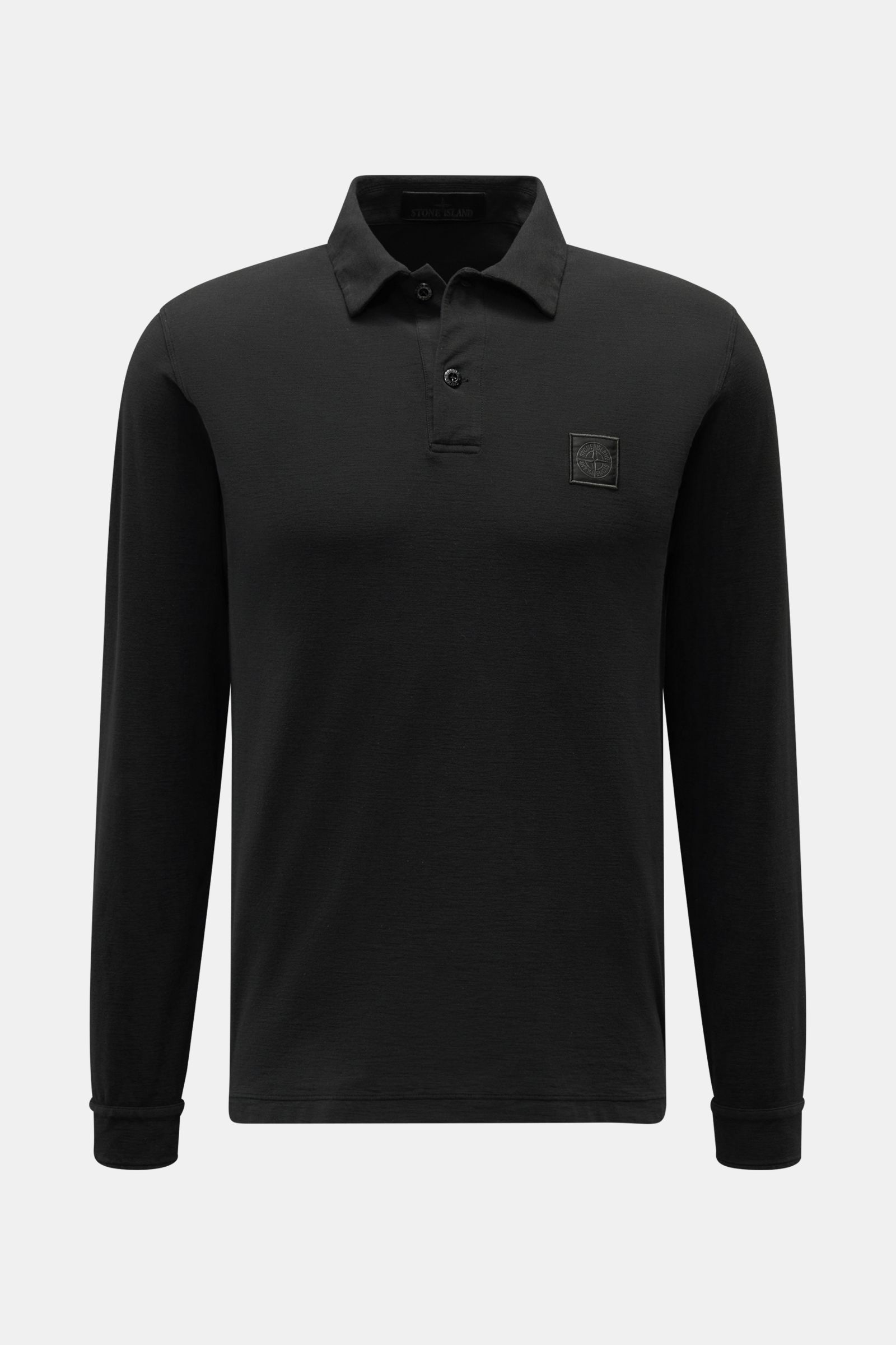 Stone Island Longsleeve-Poloshirt 'Ghost Piece' schwarz, frontal fotografiert, aus Baumwoll-Jersey, extra slim fit, tonales Kompasslogo.