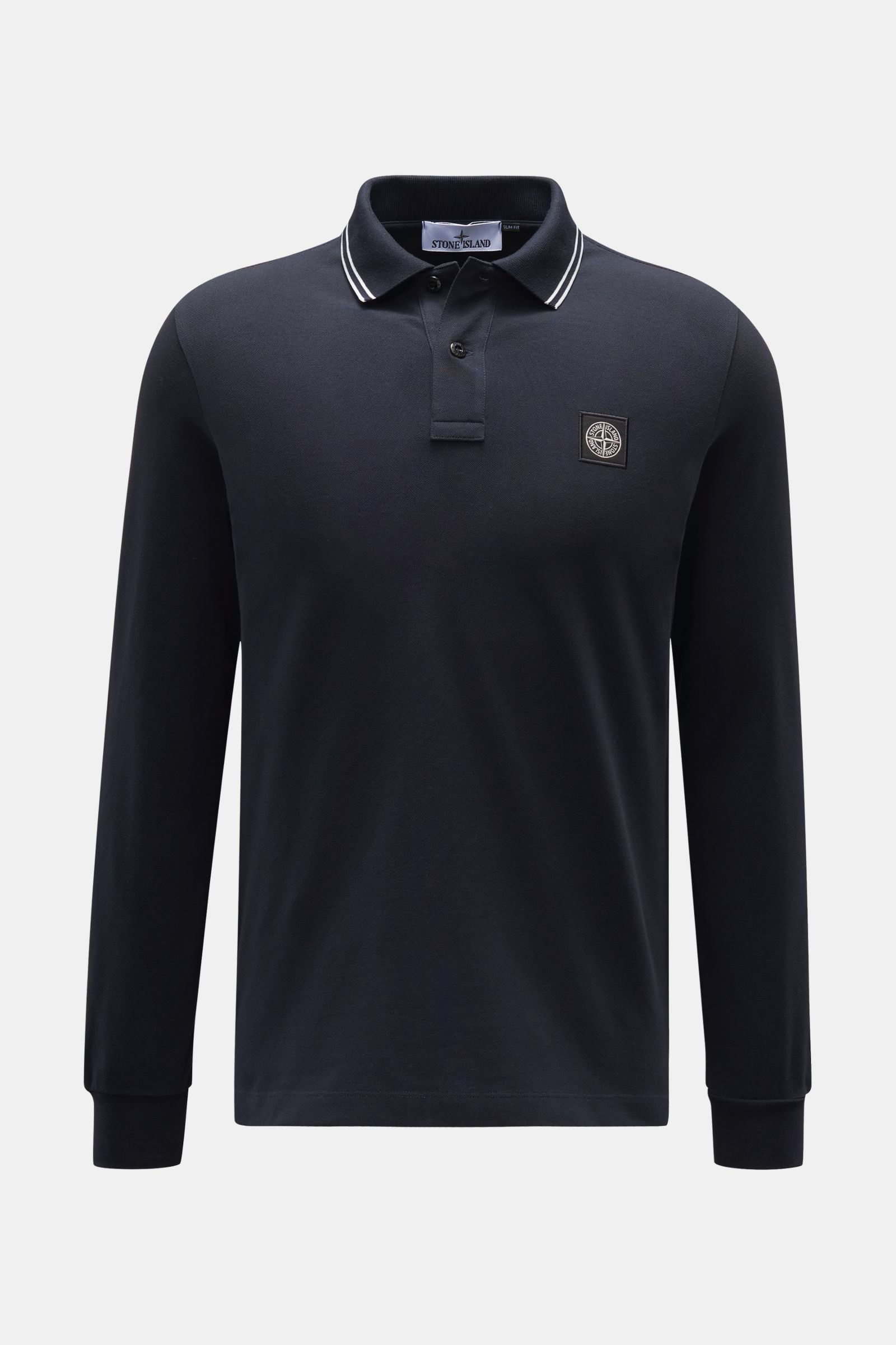 Stone Island Longsleeve-Poloshirt dark navy, frontale Sicht, Slim Fit, garment dyed Baumwoll-Piqué, Polokragen mit Kontraststreifen und STONE ISLAND Logo