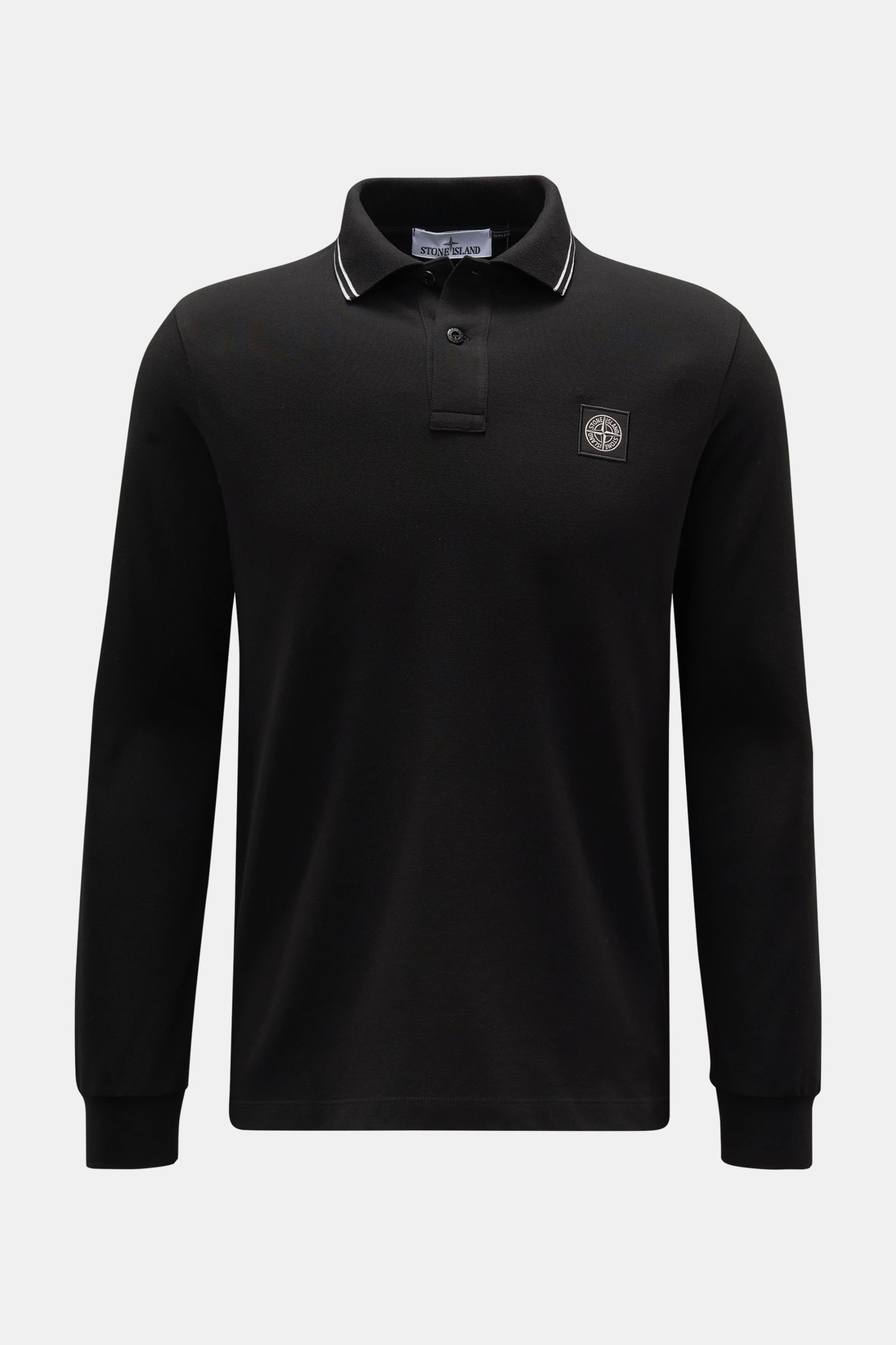 Stone Island Longsleeve-Poloshirt schwarz, frontale Ansicht, slim fit, piqué-Baumwolle, tonales Kompasslogo, Polokragen mit Kontraststreifen.
