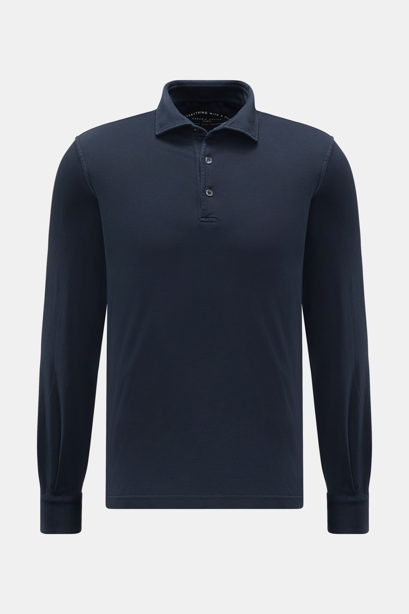 Fedeli Jersey Longsleeve-Poloshirt 'Zero' navy, frontal, Slim Fit, Jersey aus nachhaltiger Giza-Baumwolle, Perlmuttknöpfe, klassischer Polokragen, Saumschlitze.