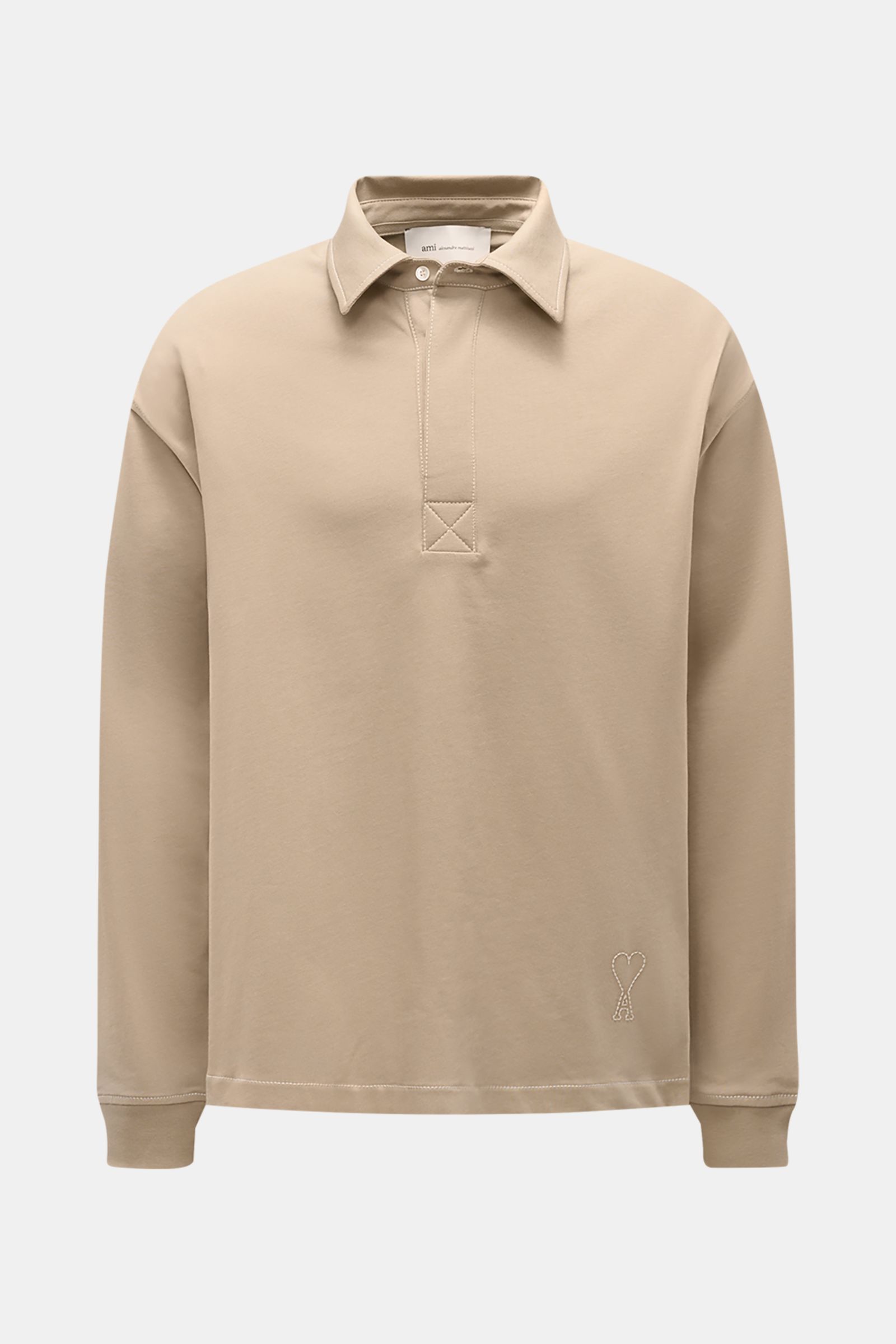 Front view of Ami Paris Jersey long sleeve polo shirt taupe in oversized fit, pure cotton jersey, soft feel, dress-shirt collar, three-button placket, and signature logo stitching. Contemporary and casual, perfect for relaxed spring looks.