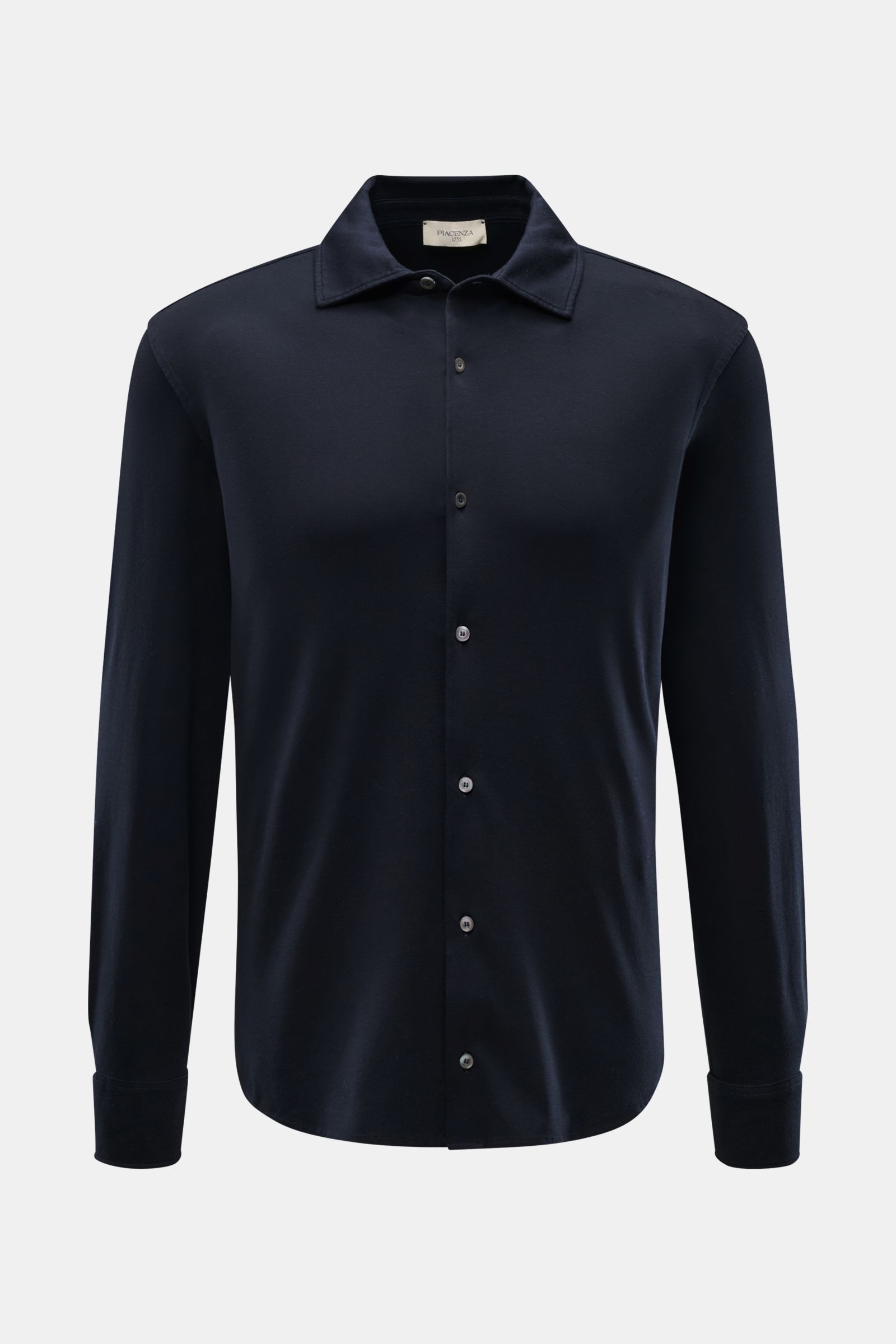 Frontansicht des Piacenza 1733 Jersey-Hemds schmaler Kragen dark navy, Slim Fit Jersey aus weicher Baumwolle, klassische Sportmanschette.