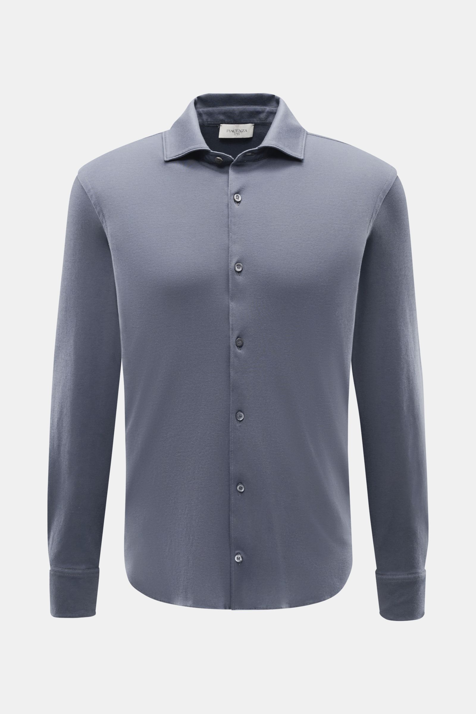 Piacenza 1733 Jersey-Hemd schmaler Kragen graublau, Slim Fit, Jersey aus reiner Baumwolle, klassischer Sportmanschette, Frontansicht.
