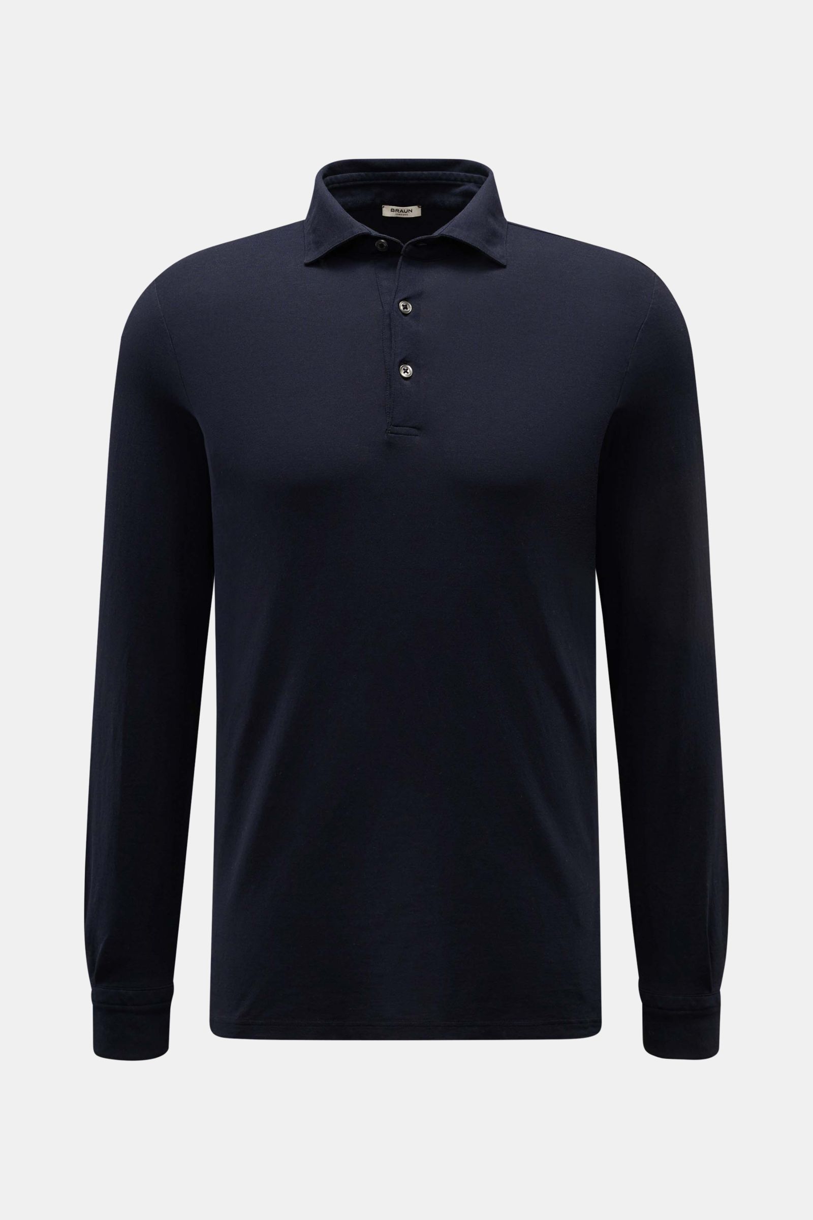 Frontansicht des BRAUN Hamburg Jersey Longsleeve-Poloshirts navy aus reiner Baumwolle mit Slim Fit, Haifischkragen, Drei-Knopf-Leiste, Sportmanschetten und Saumschlitzen.