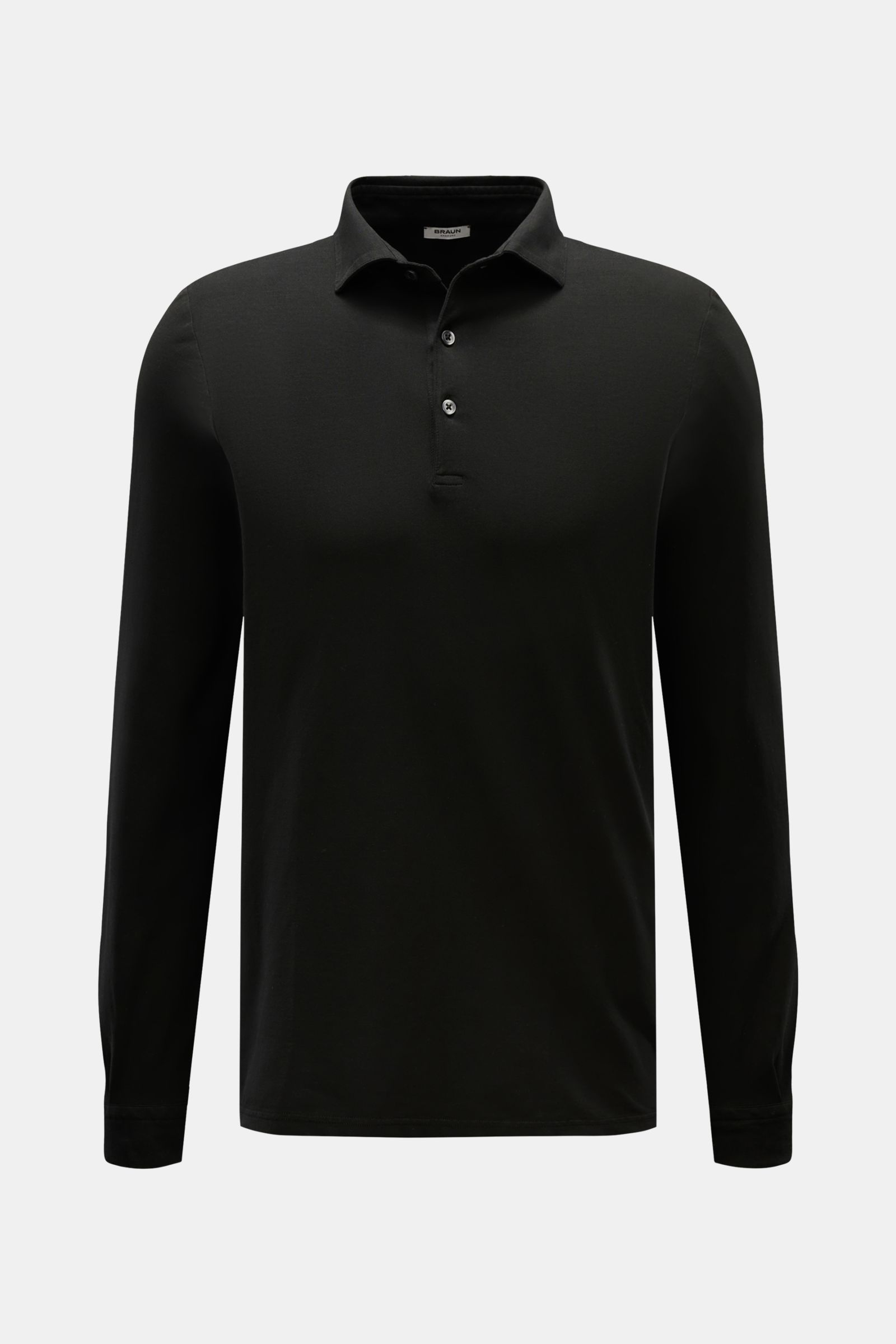 Gran Sasso Jersey Longsleeve-Poloshirt schwarz, frontal fotografiert, Slim Fit aus Baumwoll-Jersey mit Haifischkragen, Drei-Knopf-Leiste, Sportmanschette, Saumschlitzen.