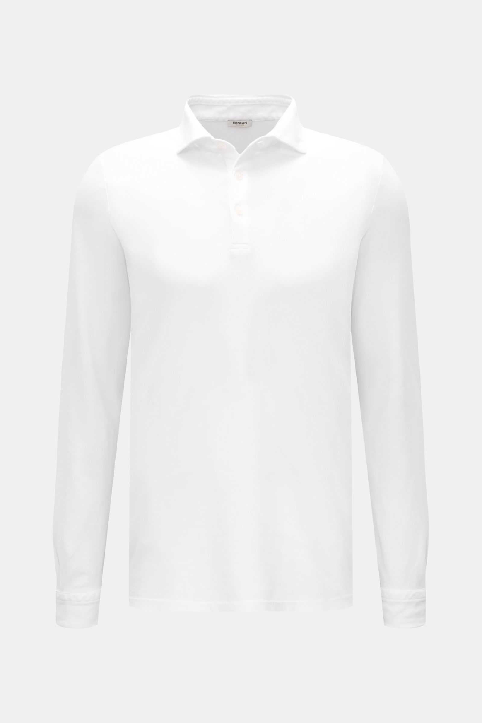 Gran Sasso Jersey Longsleeve-Poloshirt weiß, frontal fotografiert, Slim Fit aus Baumwoll-Jersey mit Haifischkragen, Drei-Knopf-Leiste, Sportmanschette und Saumschlitzen.