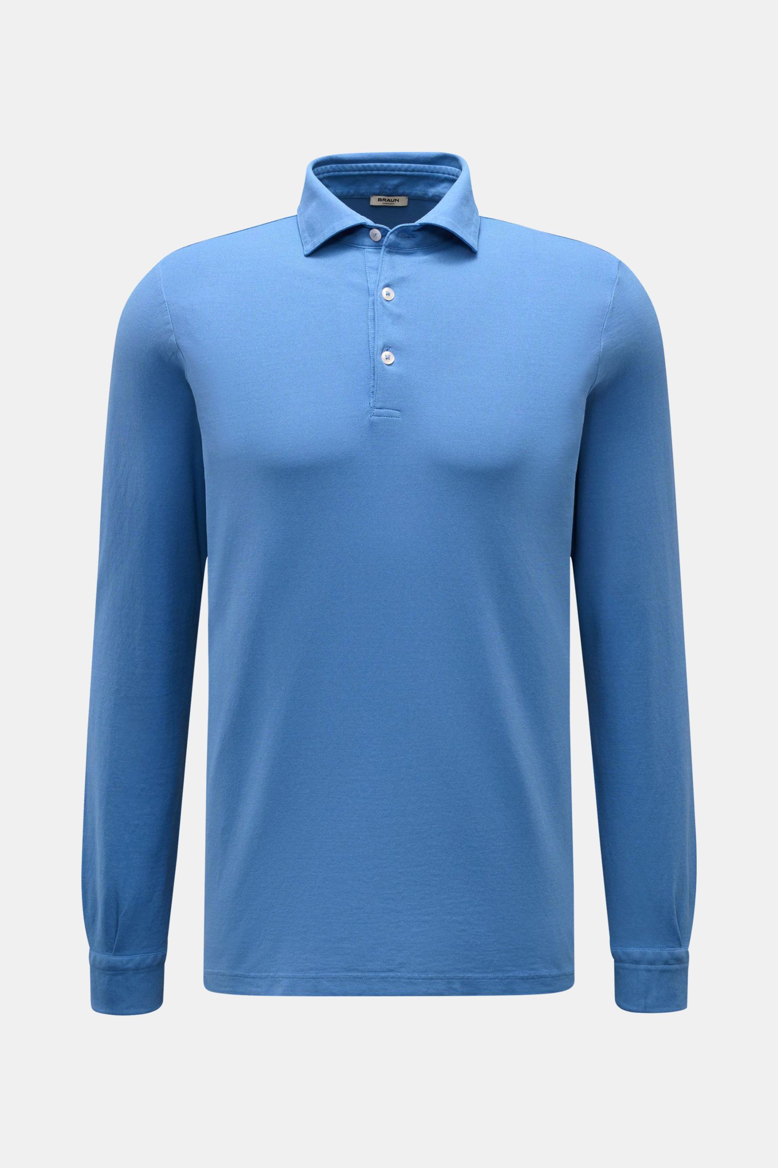 Front view of BRAUN Hamburg Jersey long sleeve polo shirt blue in slim fit, made of slightly robust pure cotton jersey with shark collar and three-button placket.  

Description: Sporty style for the new season: BRAUN HAMBURG has processed pure cotton 
