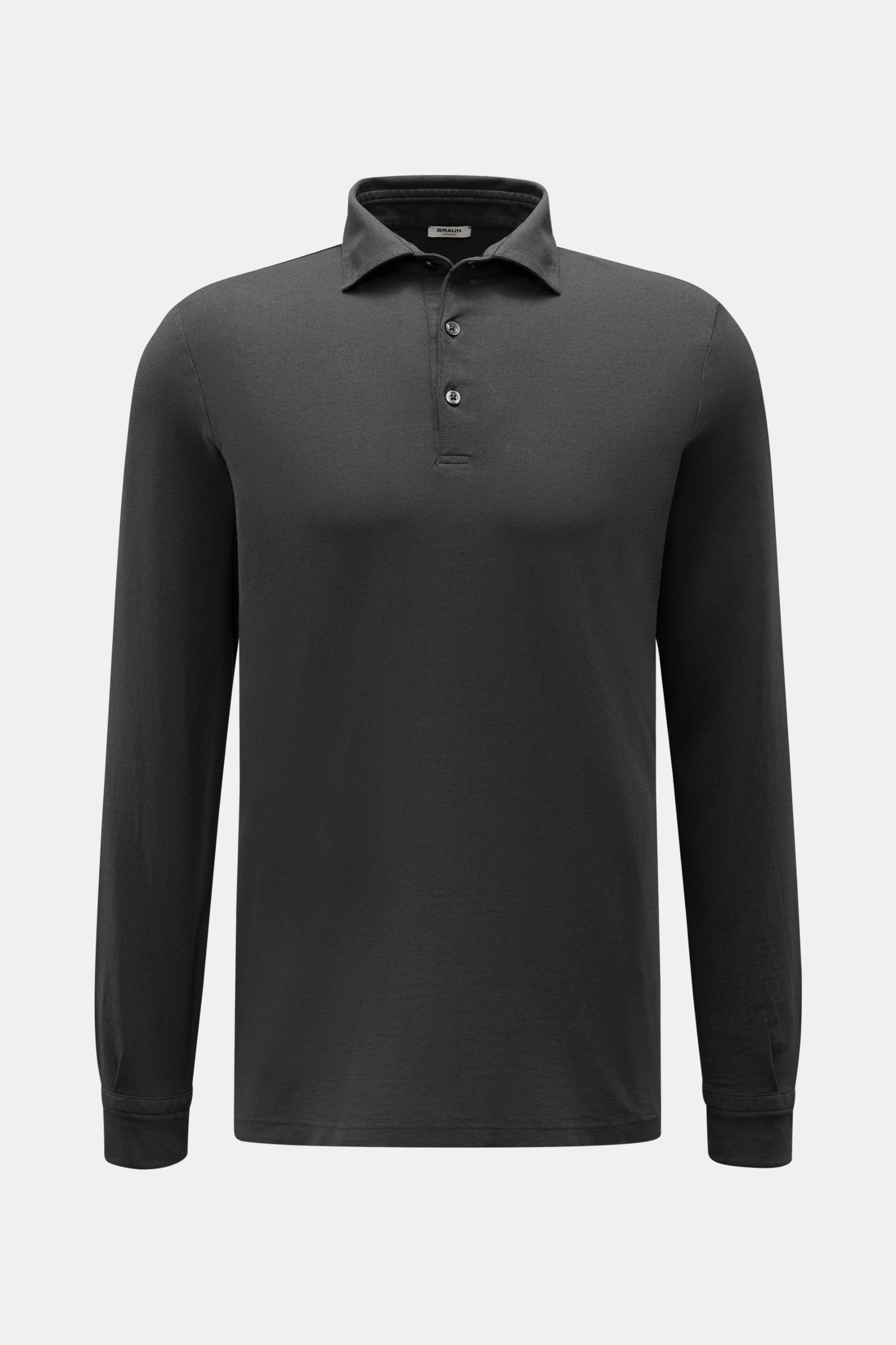 Front view of BRAUN Hamburg Jersey long sleeve polo shirt anthracite in slim fit with shark collar, three-button placket, barrel cuffs, and side vents.

Description: Sporty style for the new season: BRAUN HAMBURG has processed pure cotton into comforta
