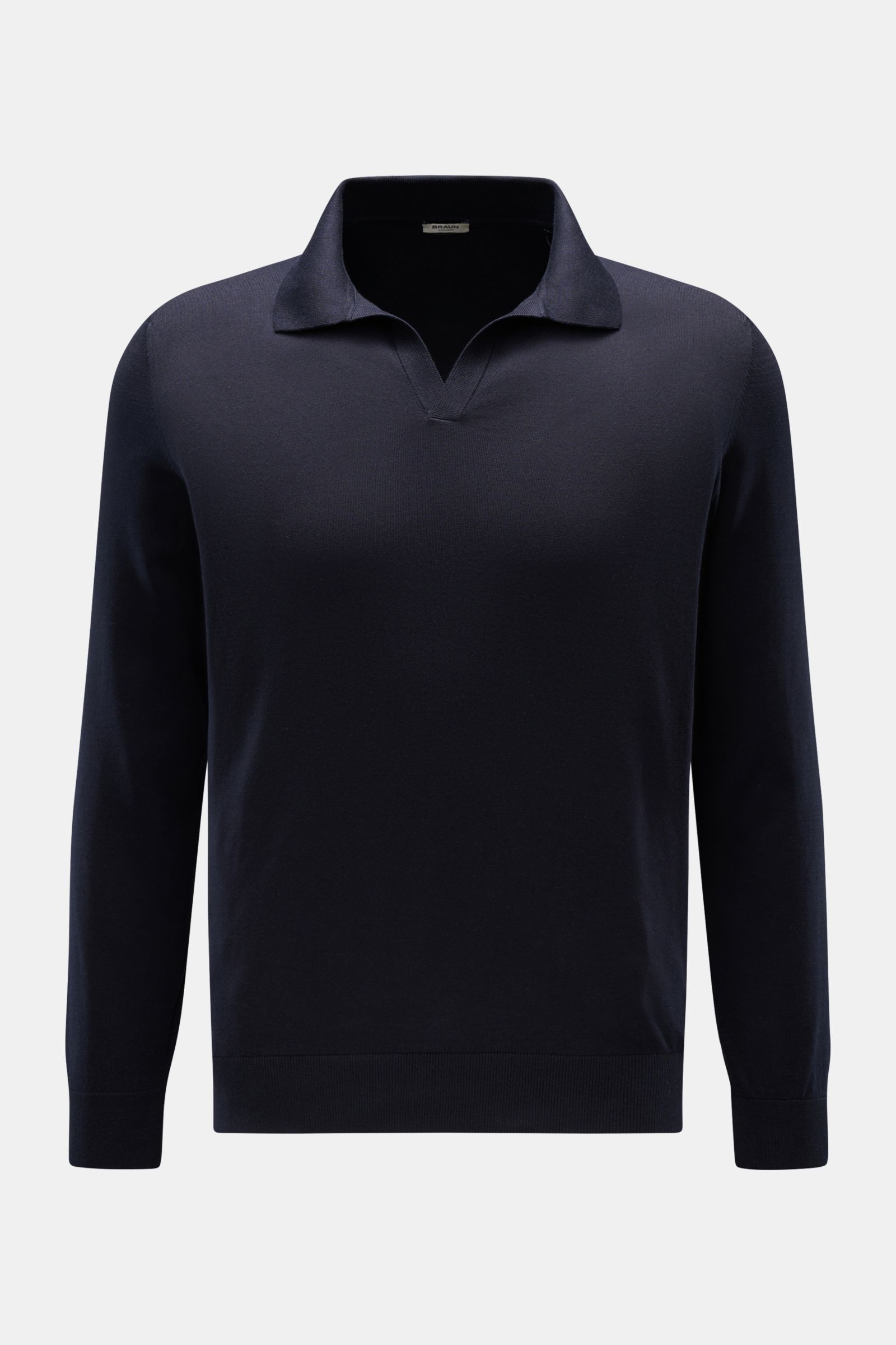 Gran Sasso Strickpolo dark navy, frontale Nahaufnahme, elegantes Basic mit offener Kragenleiste, Polokragen, elastischen Rippbündchen, feinem Strickbild aus reiner Baumwolle, Regular Fit, weicher Griff.