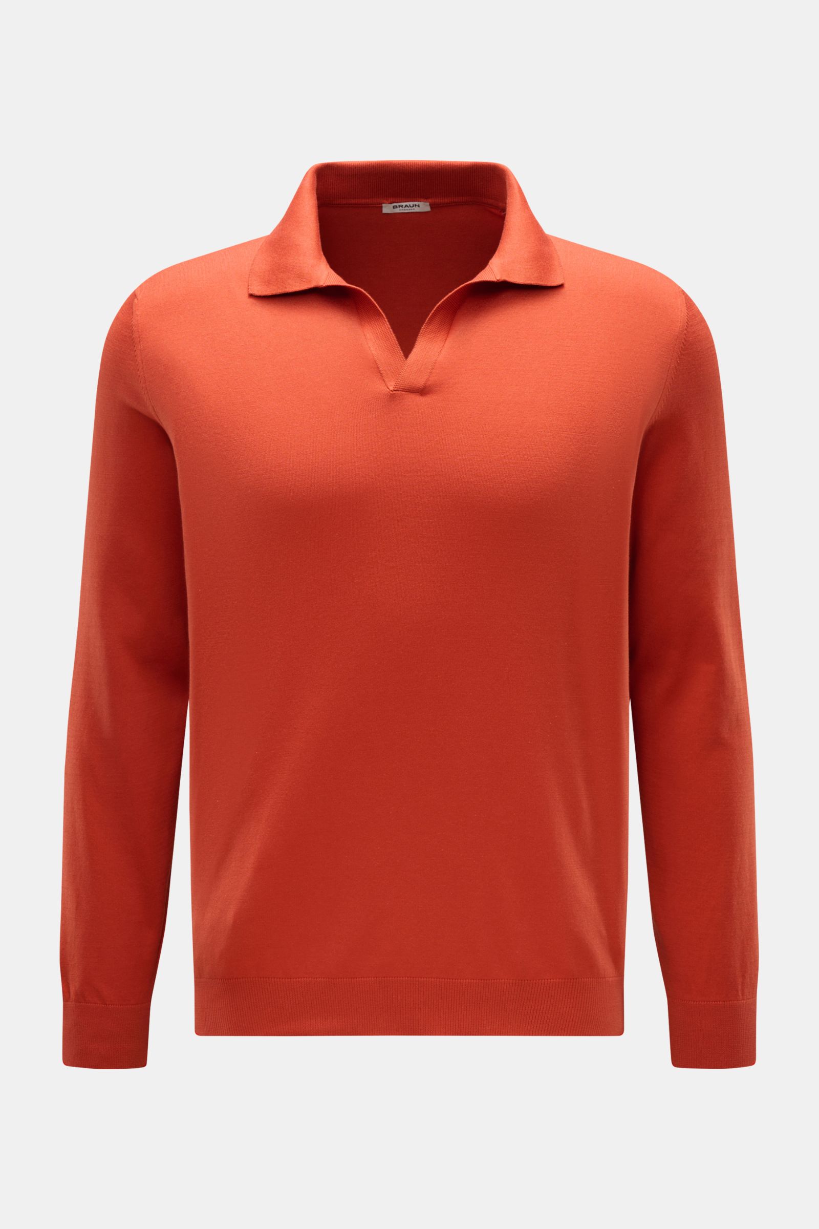 Gran Sasso Strickpolo orange, frontale Nahaufnahme, feiner Baumwoll-Feinstrick, offener Kragen, elastische Rippbündchen, Regular Fit, weicher Griff, elegantes Basic.