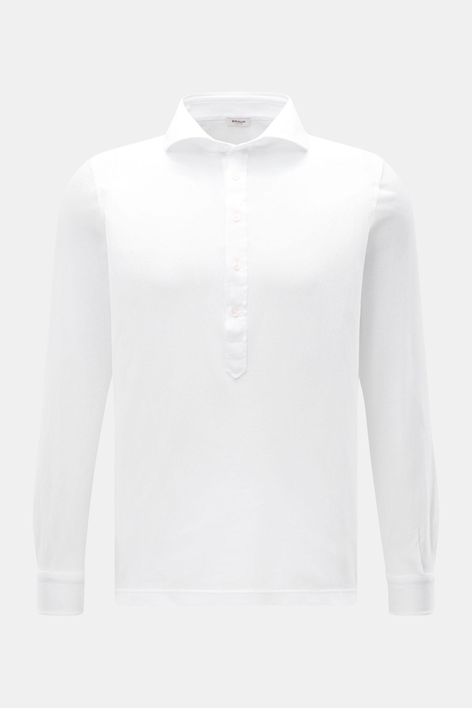 BRAUN Hamburg Longsleeve-Poloshirt weiß, frontale Nahaufnahme, Slim Fit, Baumwoll-Piqué, Haifischkragen, Fünf-Knopf-Leiste, Sportmanschette.
