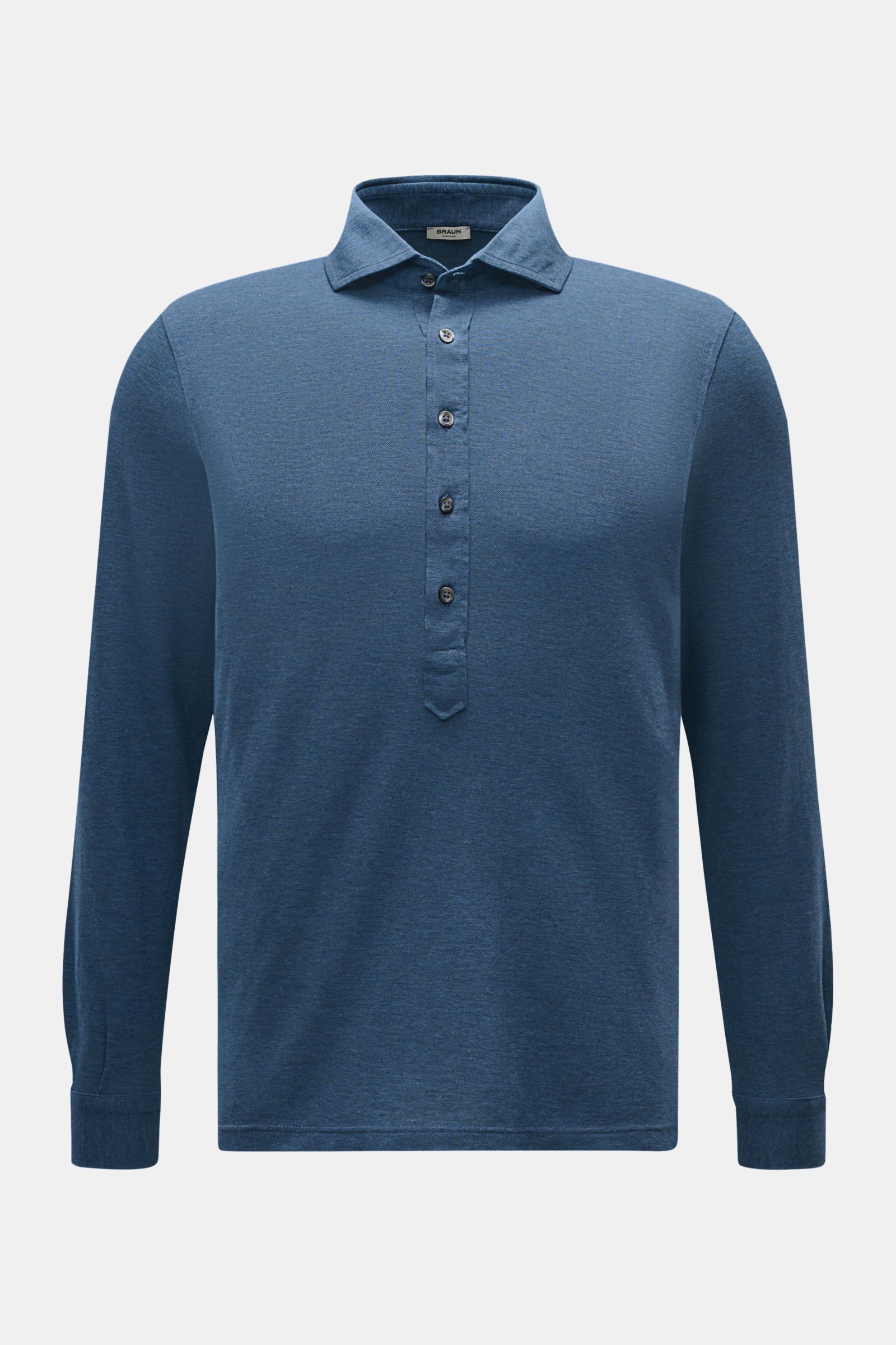 BRAUN Hamburg Longsleeve-Poloshirt graublau aus Baumwoll-Piqué, Slim Fit, Haifisch-Kragen, Fünf-Knopf-Leiste, Sportmanschette, Frontansicht.
