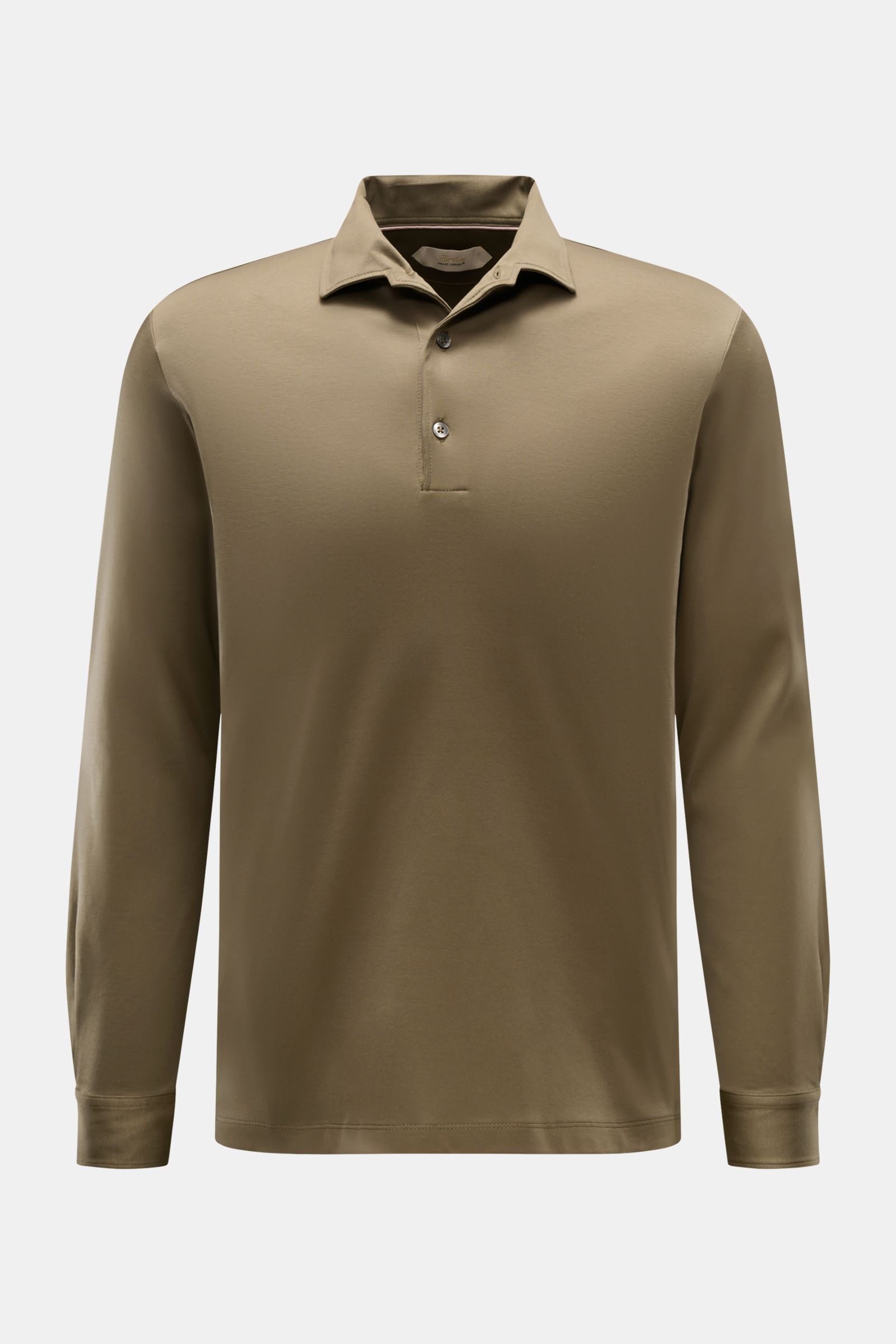 Aurélien Jersey Longsleeve-Poloshirt oliv, Frontansicht, Slim Fit, aus ägyptischer Baumwolle, Polokragen, 3-Knopf-Leiste, Sportmanschetten, Saumschlitze, dezentes Logo-Stitching.