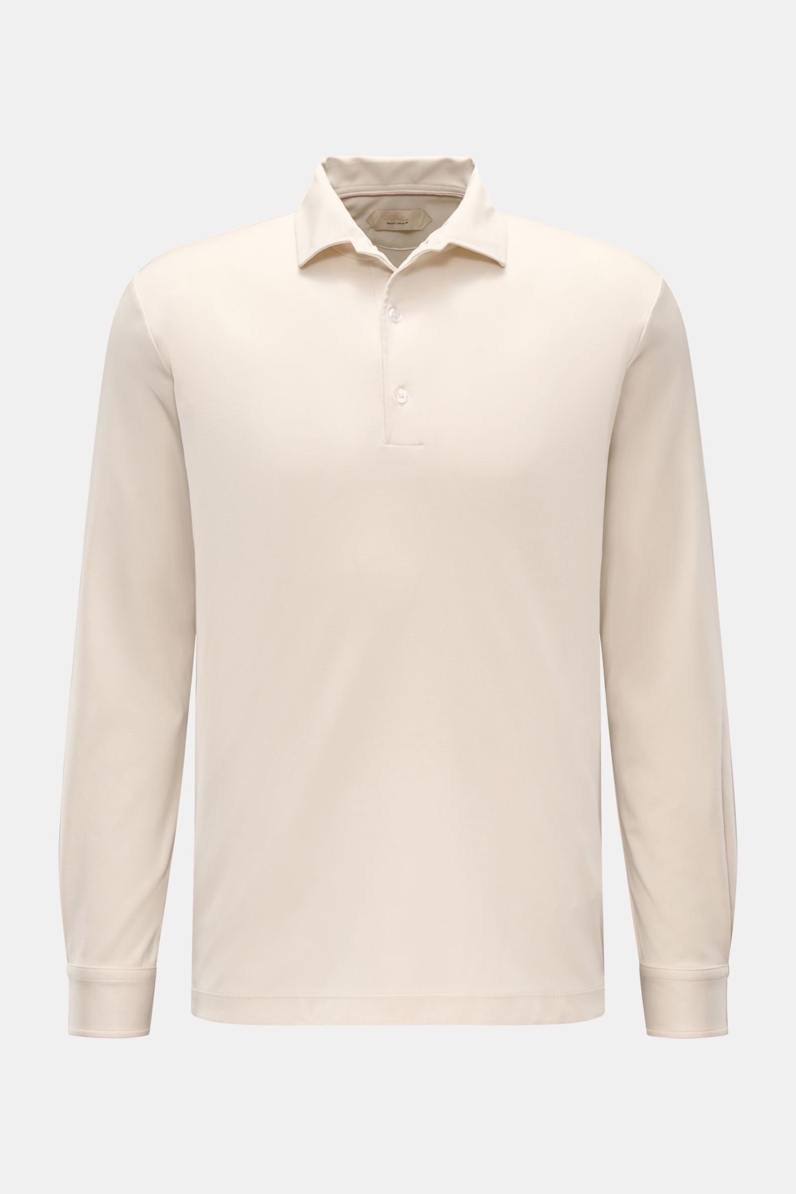 Front view of the Aurélien Jersey Longsleeve-Poloshirt sand, made of soft Egyptian cotton jersey, slim fit with classic polo collar and three-button placket, sport cuffs, short hem slits, and subtle logo stitching on the back.