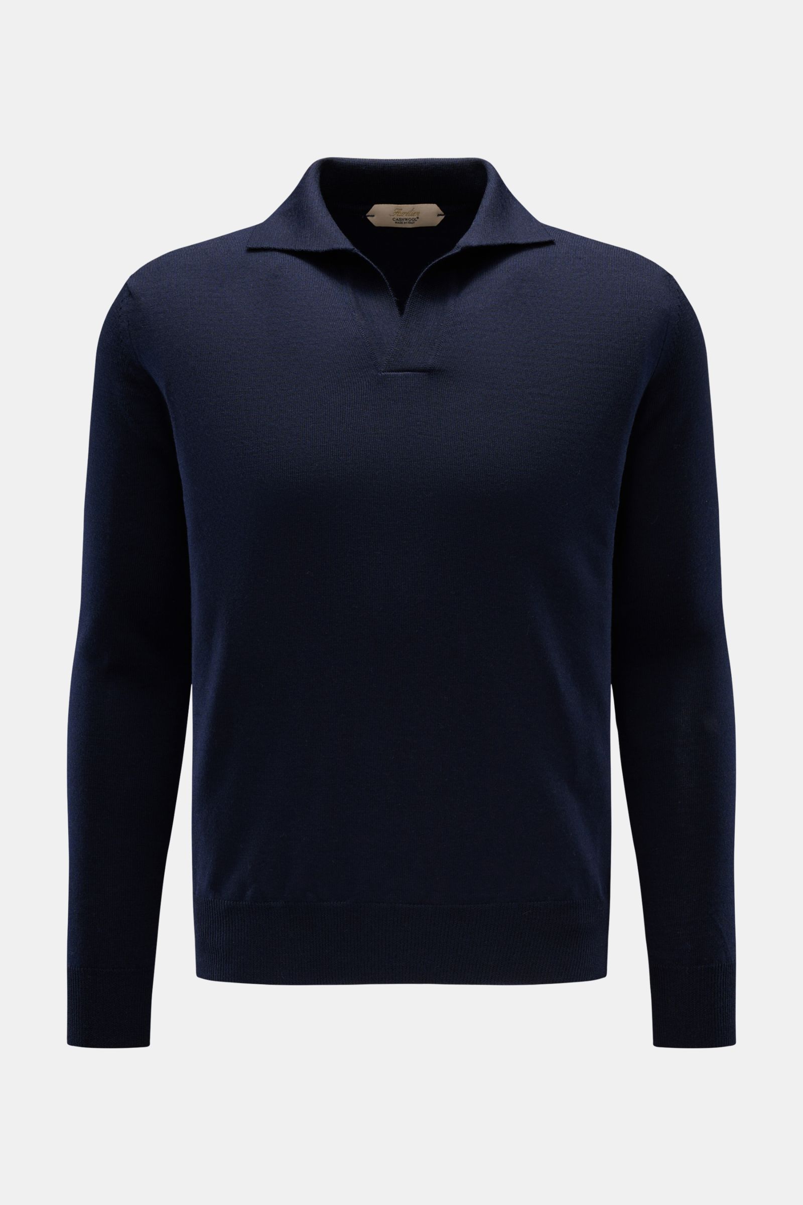 Vorderansicht des Aurélien Merino Strickpolo navy aus reiner Merinowolle mit offenem Polokragen, Slim Fit, weichem Griff und Rippbündchen.
