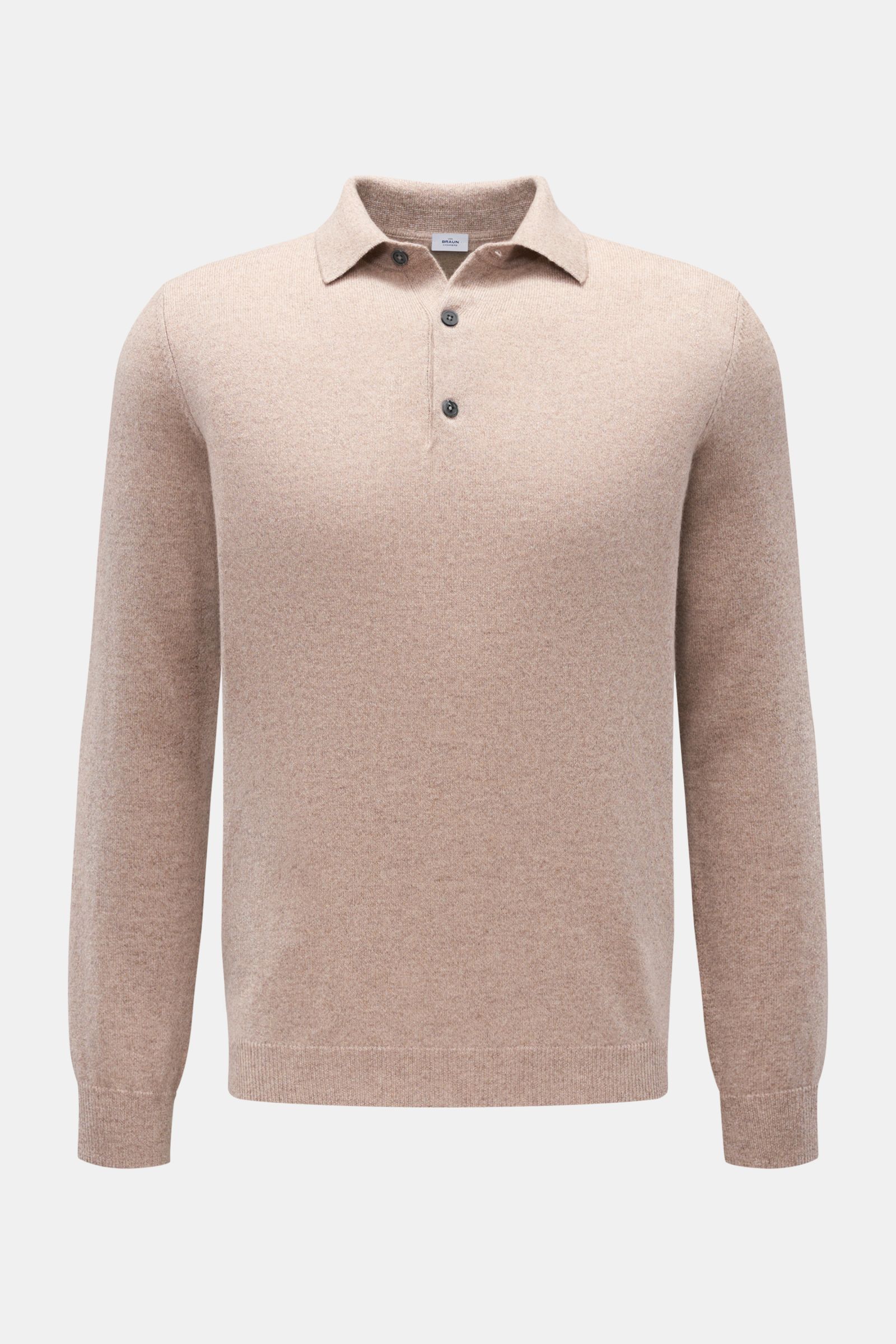von Braun Cashmere Strickpolo beige meliert, frontale Ansicht, Slim Fit mit feinem Strick, Polokragen, Drei-Knopf-Leiste, elastischen Rippbündchen, reiner weicher Cashmere