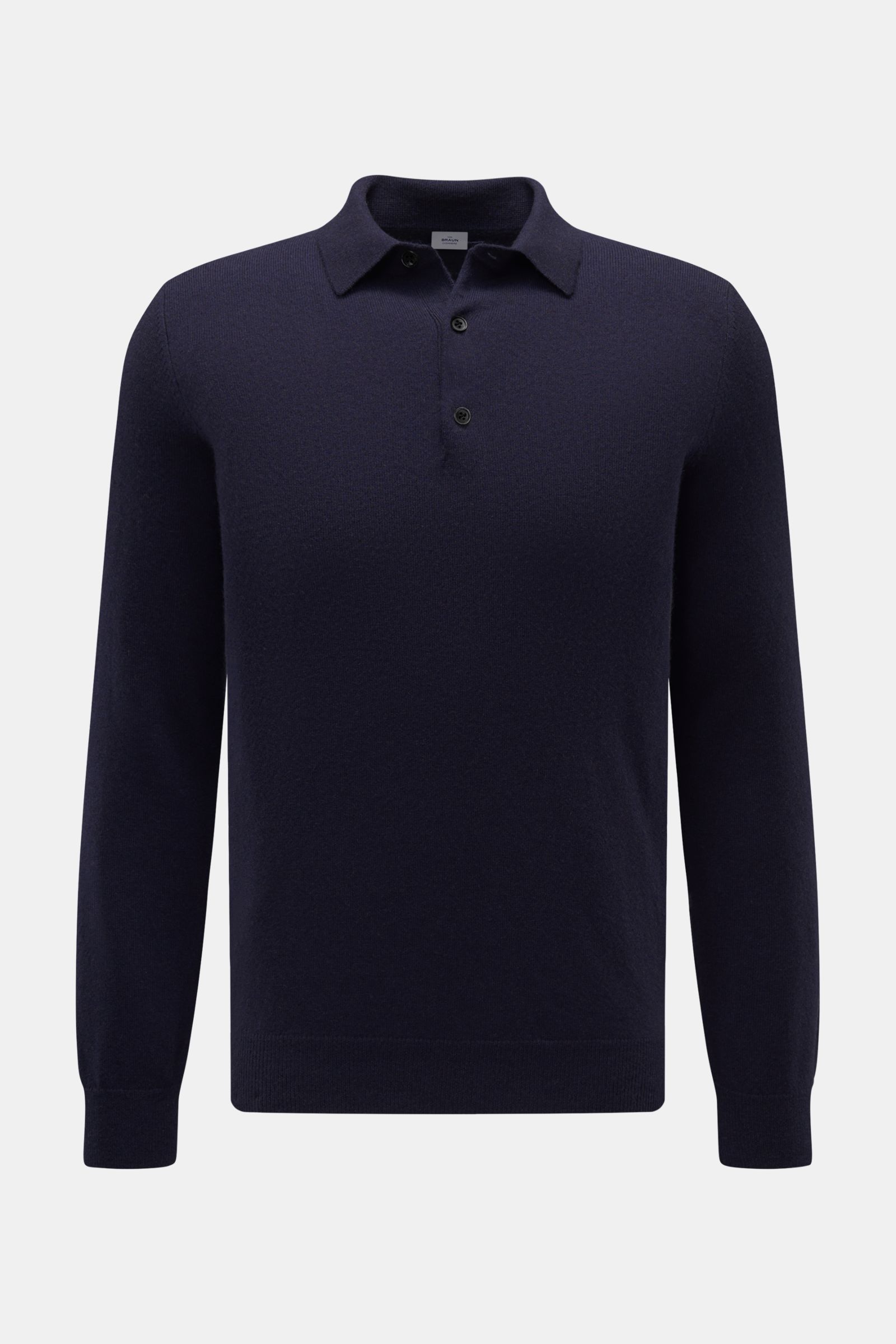 Front view of von Braun Cashmere Strickpolo navy, a slim fit, long-sleeve polo with three-button placket, soft pure Mongolian cashmere.

Description: 
Elegantes Basic für die kalte Jahreszeit: Das VON BRAUN Strickpolo ist eine edle Alternative zum Pull