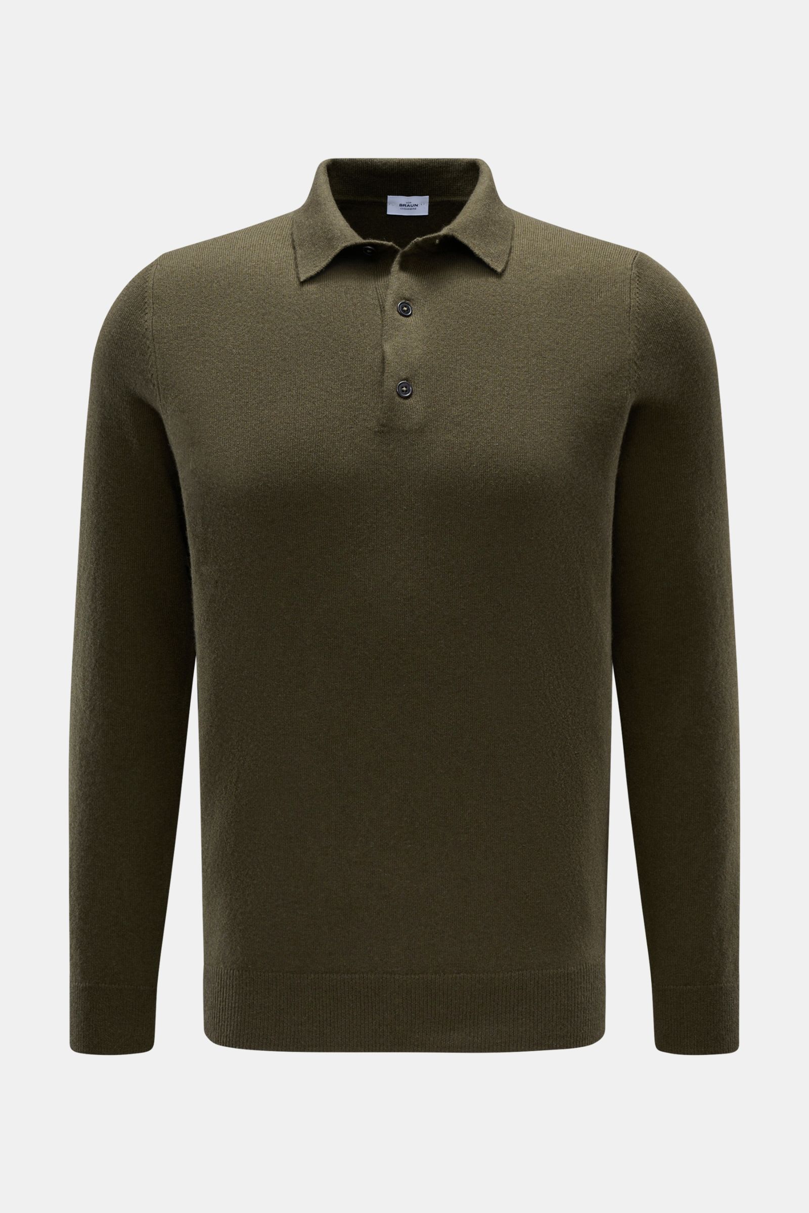 Front view of von Braun Cashmere knit polo dark olive, an elegant slim fit knit polo with three-button placket, polo collar, elasticated ribbed bands, made from pure Mongolian cashmere known for softness and warmth. Elegant basic for the cold season.