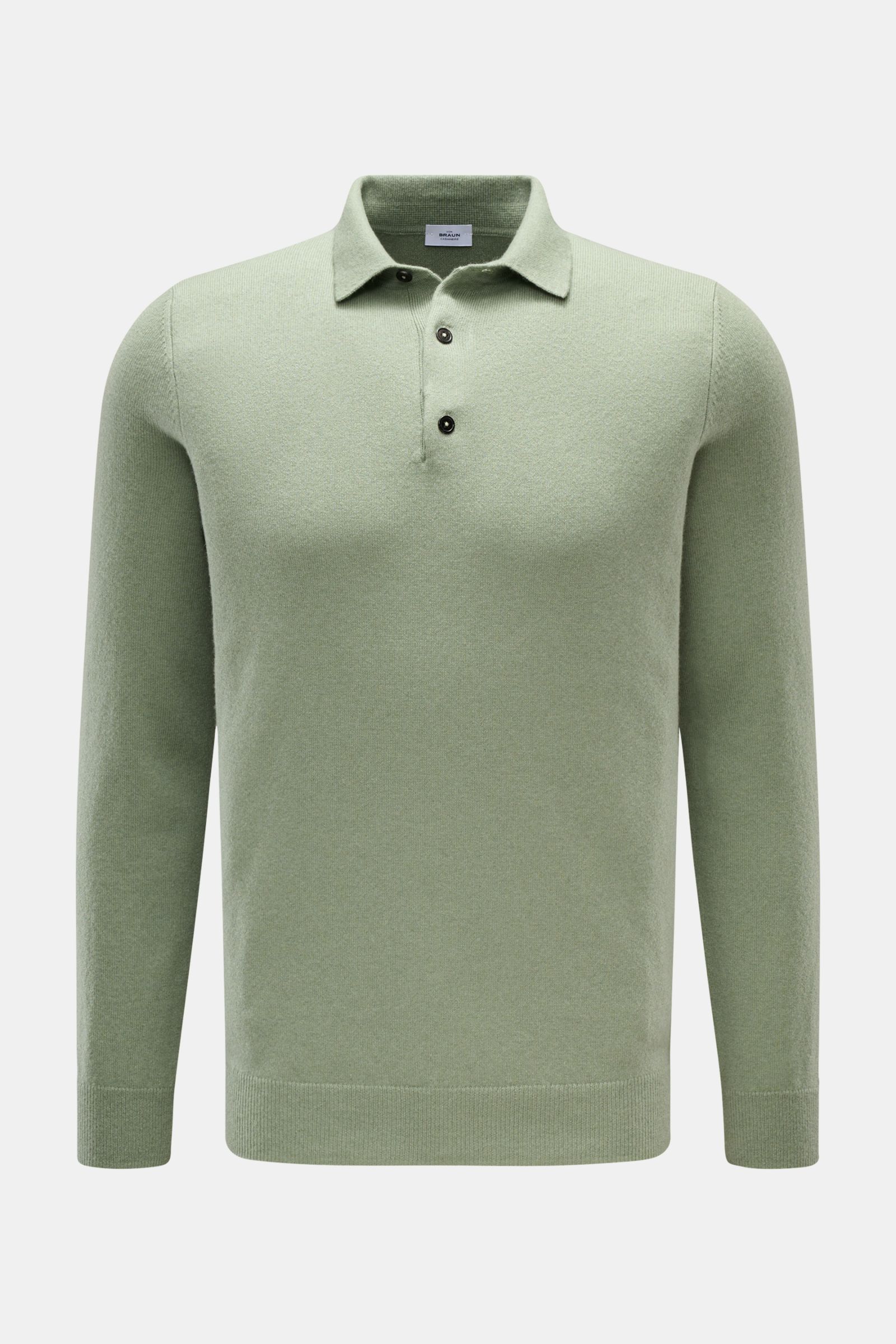 Front view of von Braun Cashmere knit polo grey-green, an elegant basic for the cold season made from pure Mongolian cashmere, featuring a slim fit, fine knit, three-button placket, signature polo collar, and elasticated ribbed bands for a very soft feel.