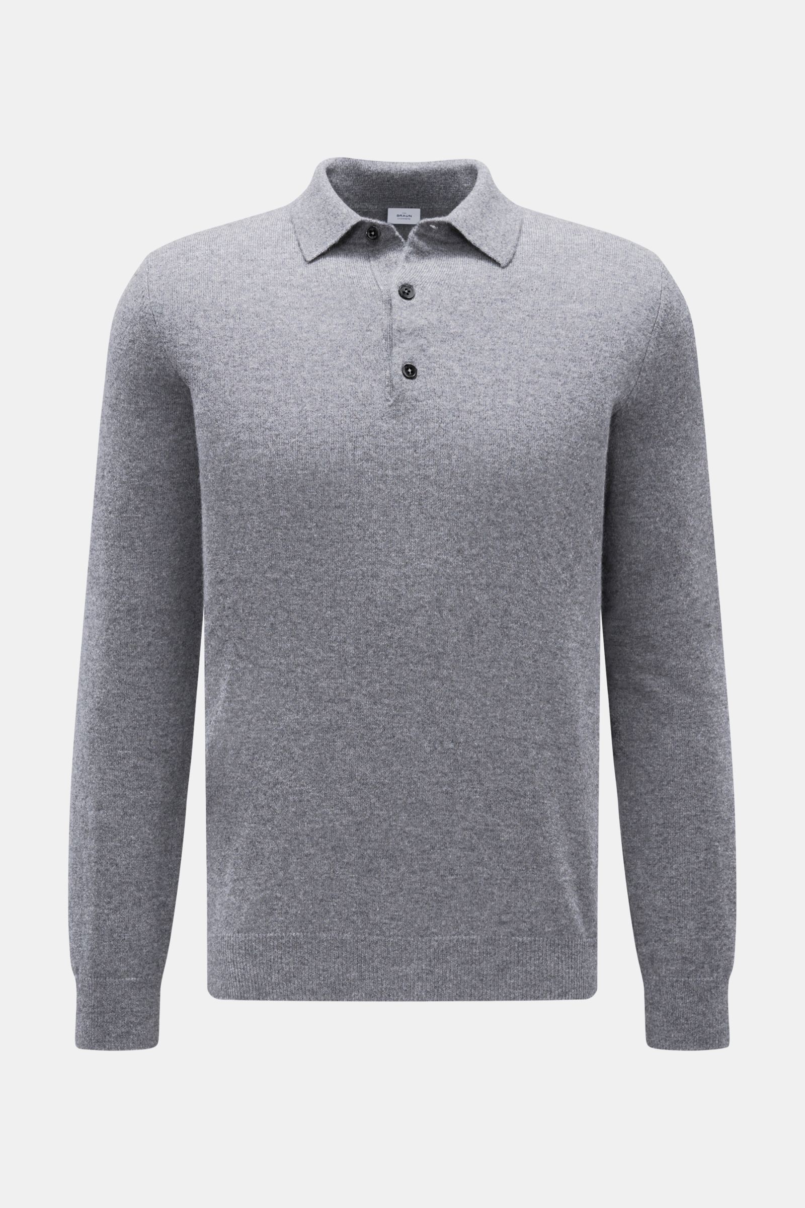 Front view of von Braun Cashmere Strickpolo grau meliert, a slim fit grey melange cashmere knit polo with a three-button placket, typical polo collar, elastic rib cuffs, and fine knit texture. 

Description: Elegantes Basic für die kalte Jahreszeit: Da