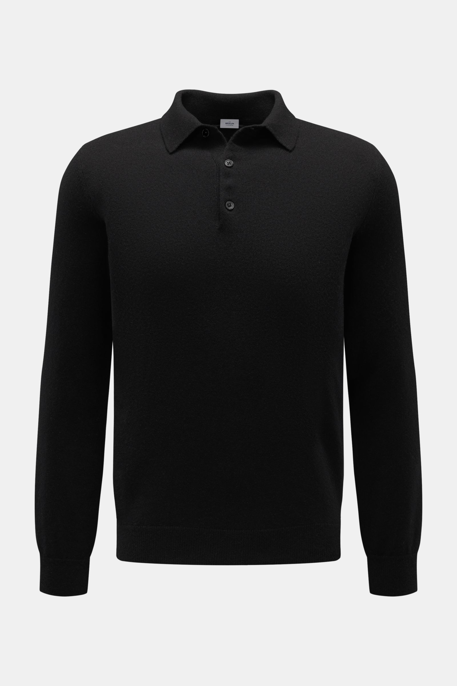 Front view of von Braun Cashmere knit polo black, an elegant slim-fit pure cashmere polo with a soft feel, three-button placket, ribbed cuffs, and signature collar, perfect as a warm alternative to a jumper.

Description:  
Elegant basic for the cold s