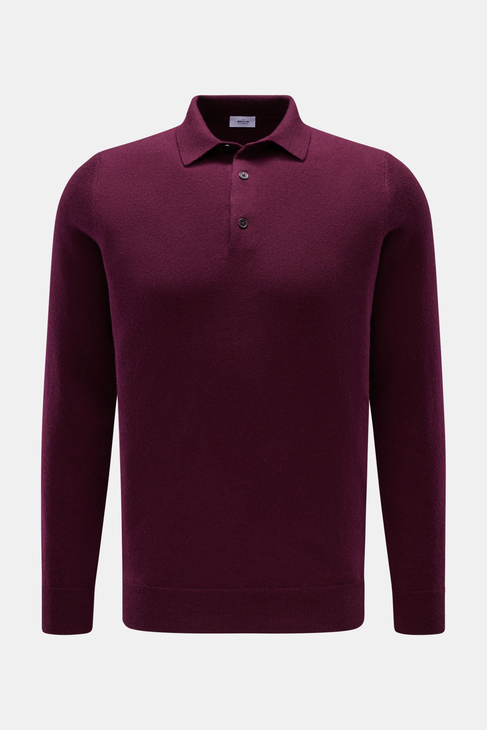 von Braun Cashmere Strickpolo bordeaux, slim fit, langärmlig mit drei-Knopf-Leiste, feines Strickbild, elastische Rippbündchen, frontal fotografiert.