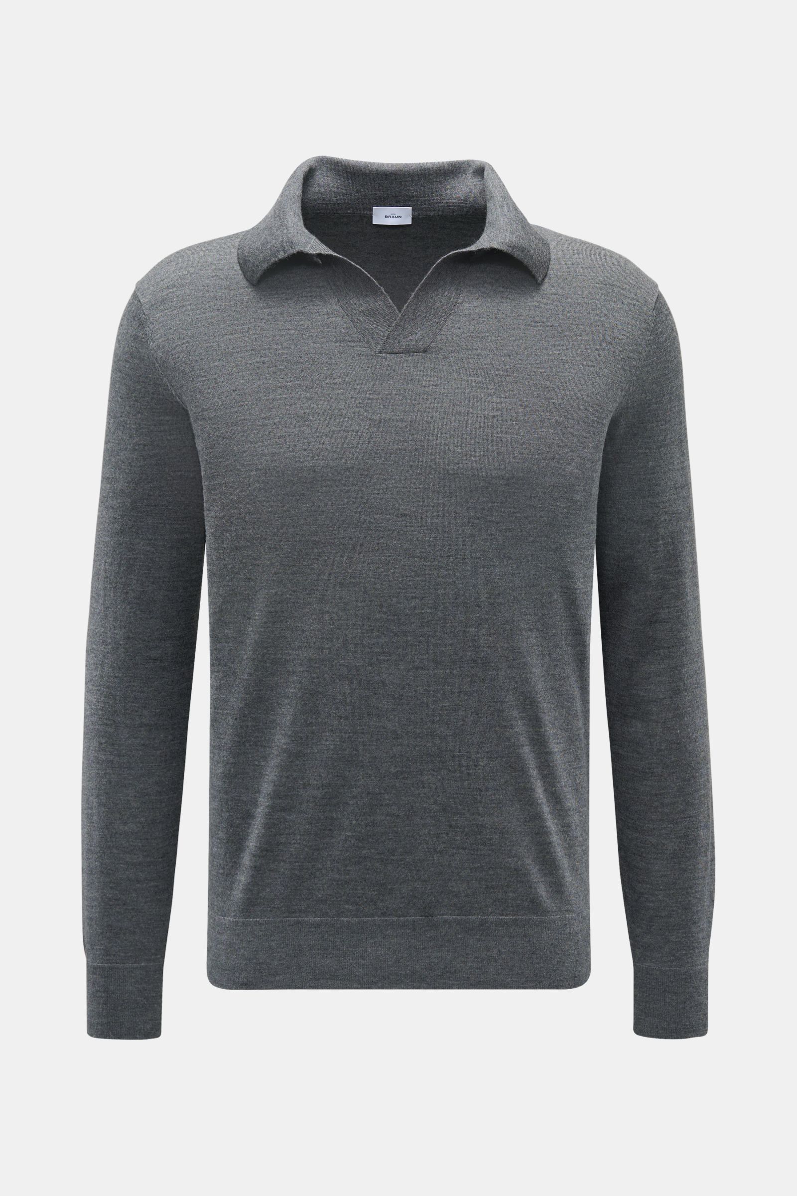 von Braun Merino Strickpolo anthrazit meliert, frontale Ansicht, Langarm, offener Polokragen, feines Strickbild, Regular Fit, reine Merinowolle, weicher Griff, elastische Rippbündchen