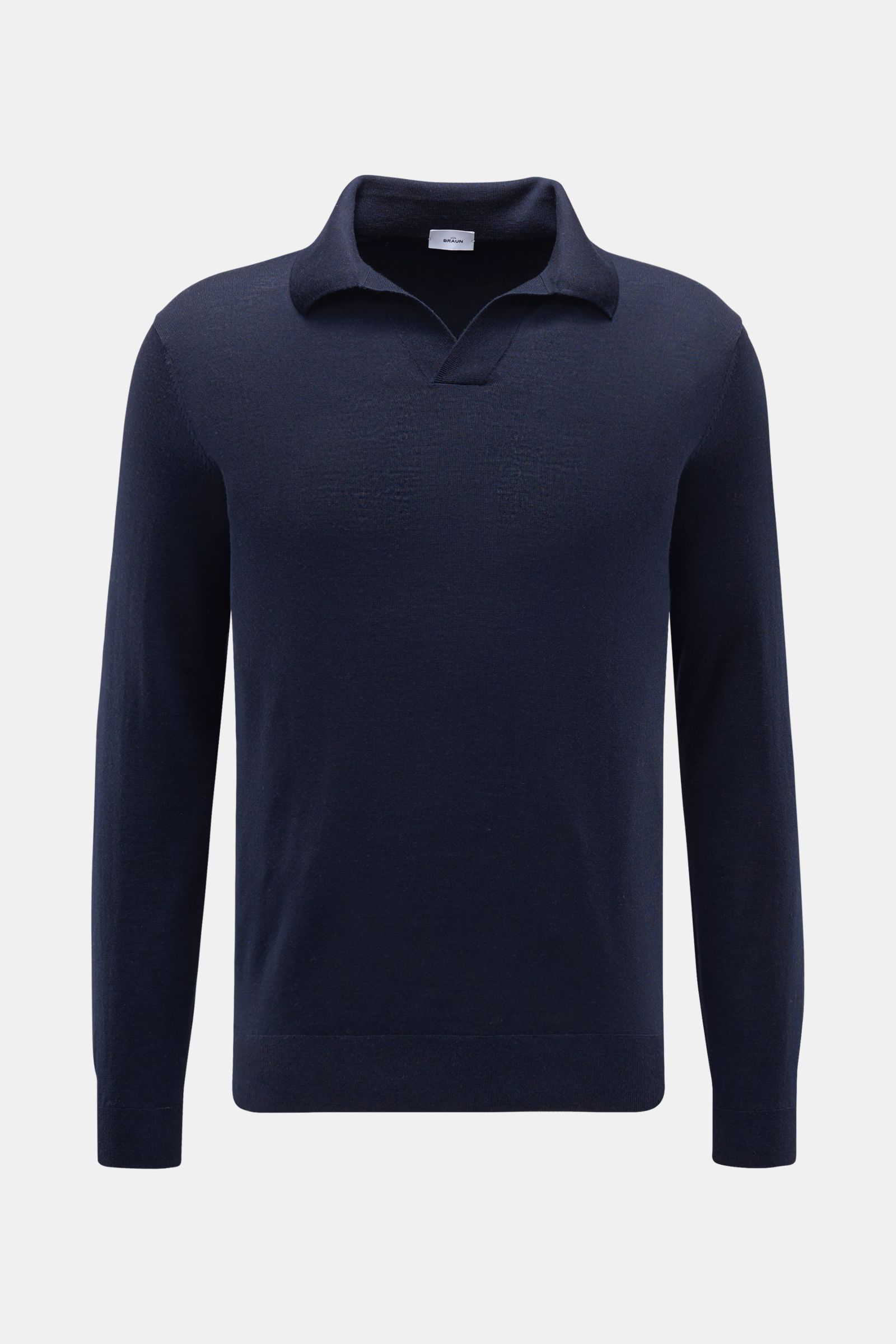 von Braun Merino Strickpolo navy in Regular Fit, aus feiner Merinowolle, mit offenem Polokragen, elastischen Rippbündchen, frontal fotografiert.