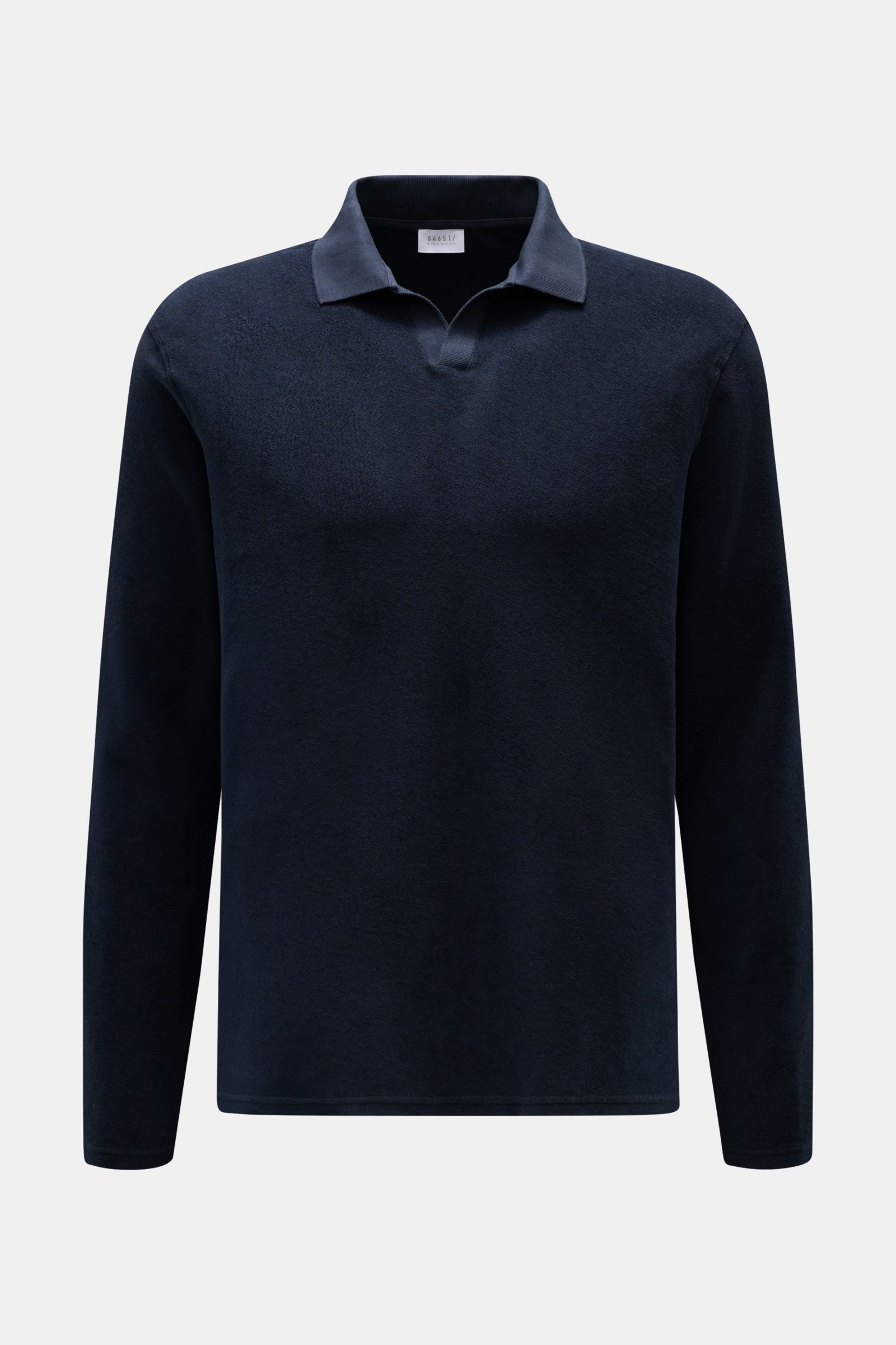 04651/ A trip in a bag Frottee Longsleeve-Poloshirt 'Terry Johnny' navy, reine Baumwolle, weicher Griff, Regular Fit, klassischer Polokragen, offene Kragenleiste, kurze Saumschlitze, Frontalansicht.