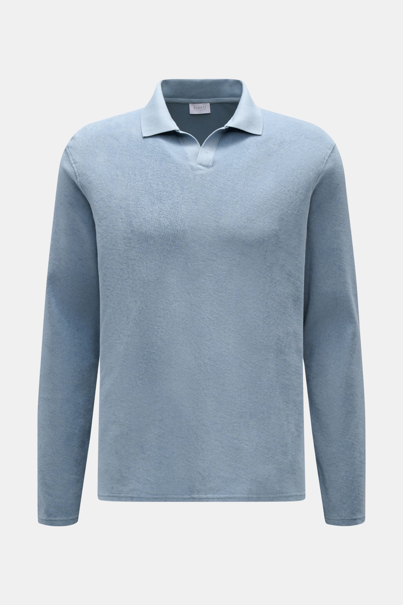 04651/ A trip in a bag Frottee Longsleeve-Poloshirt 'Terry Johnny' rauchblau, reine Baumwolle, weicher Griff, Regular Fit, Polokragen, offene Kragenleiste, kurze Saumschlitze, Frontansicht