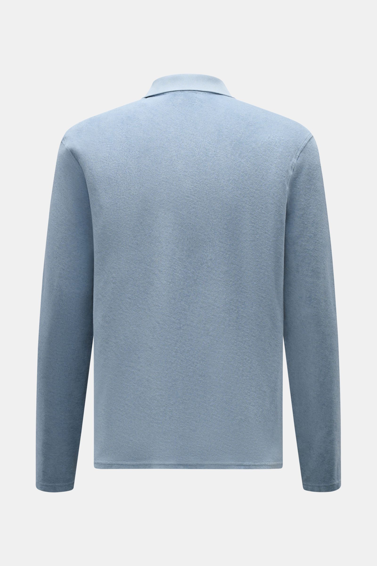 Rückansicht des 04651/ A trip in a bag Frottee Longsleeve-Poloshirt 'Terry Johnny' rauchblau aus reiner Baumwolle mit klassischem Polokragen, Regular Fit und kurzen Saumschlitzen.