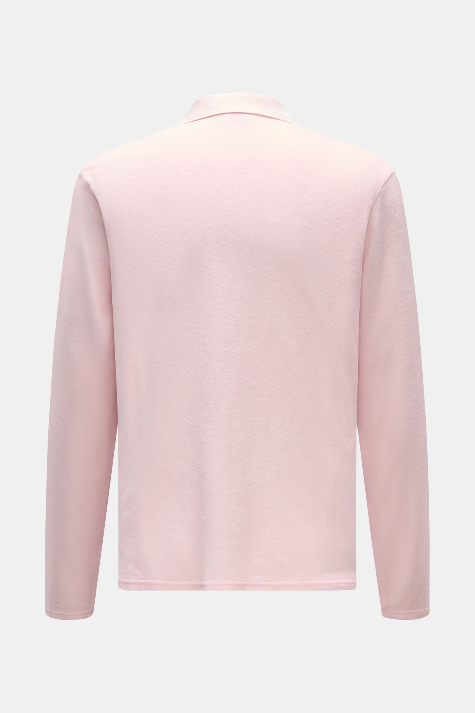 04651/ A trip in a bag Frottee Longsleeve-Poloshirt 'Terry Johnny' rosé, reine Baumwolle, weicher Griff, Regular Fit, Rückansicht, klassischer Polokragen, offene Kragenleiste, kurze Saumschlitze, Urlaubsgefühl zum Anziehen.