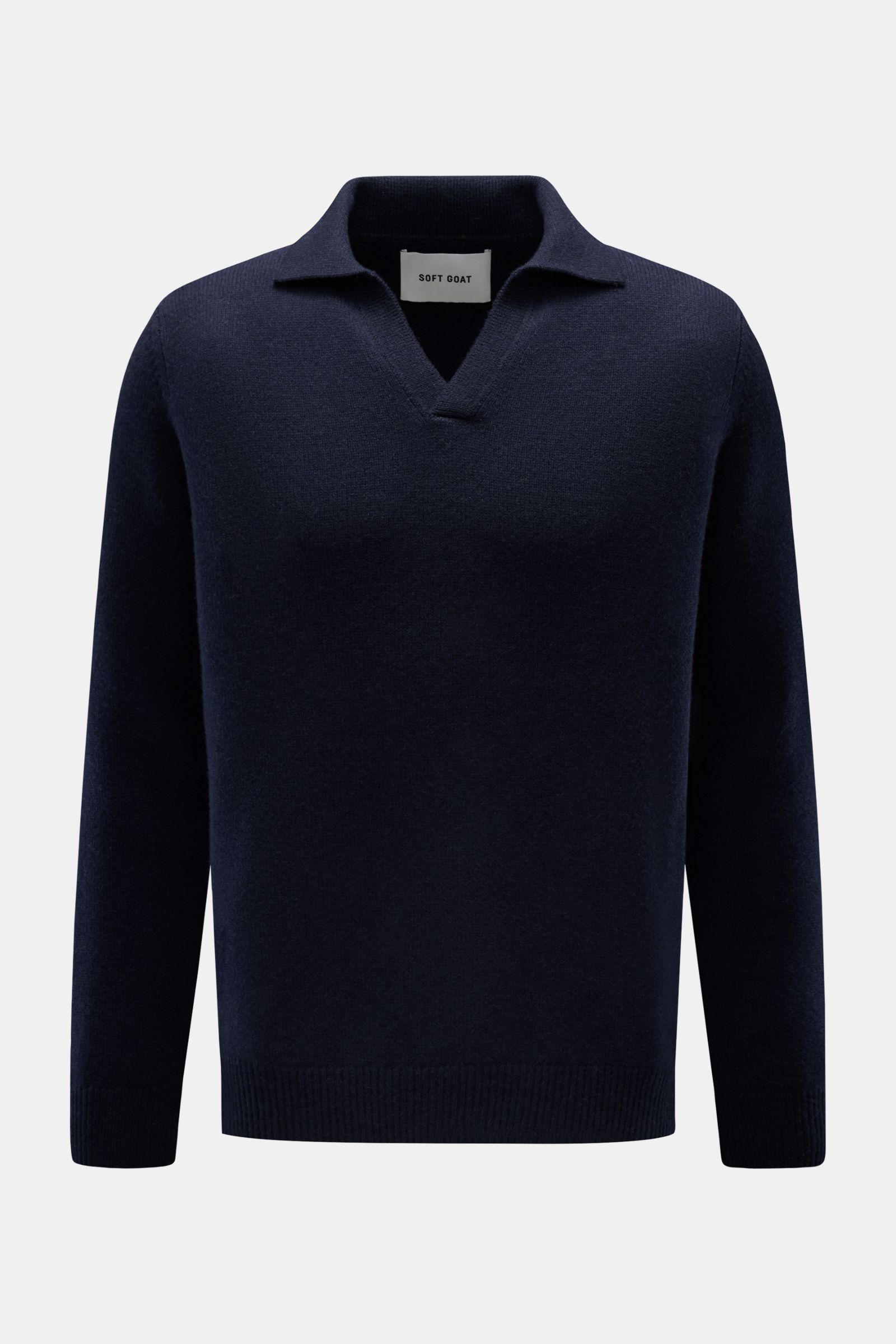 Soft Goat Cashmere Strickpolo navy, langärmlig, aus reinem Cashmere, mittelfeines Strickbild, Regular Fit, offene Kragenleiste, Rippbündchen, Frontalansicht.