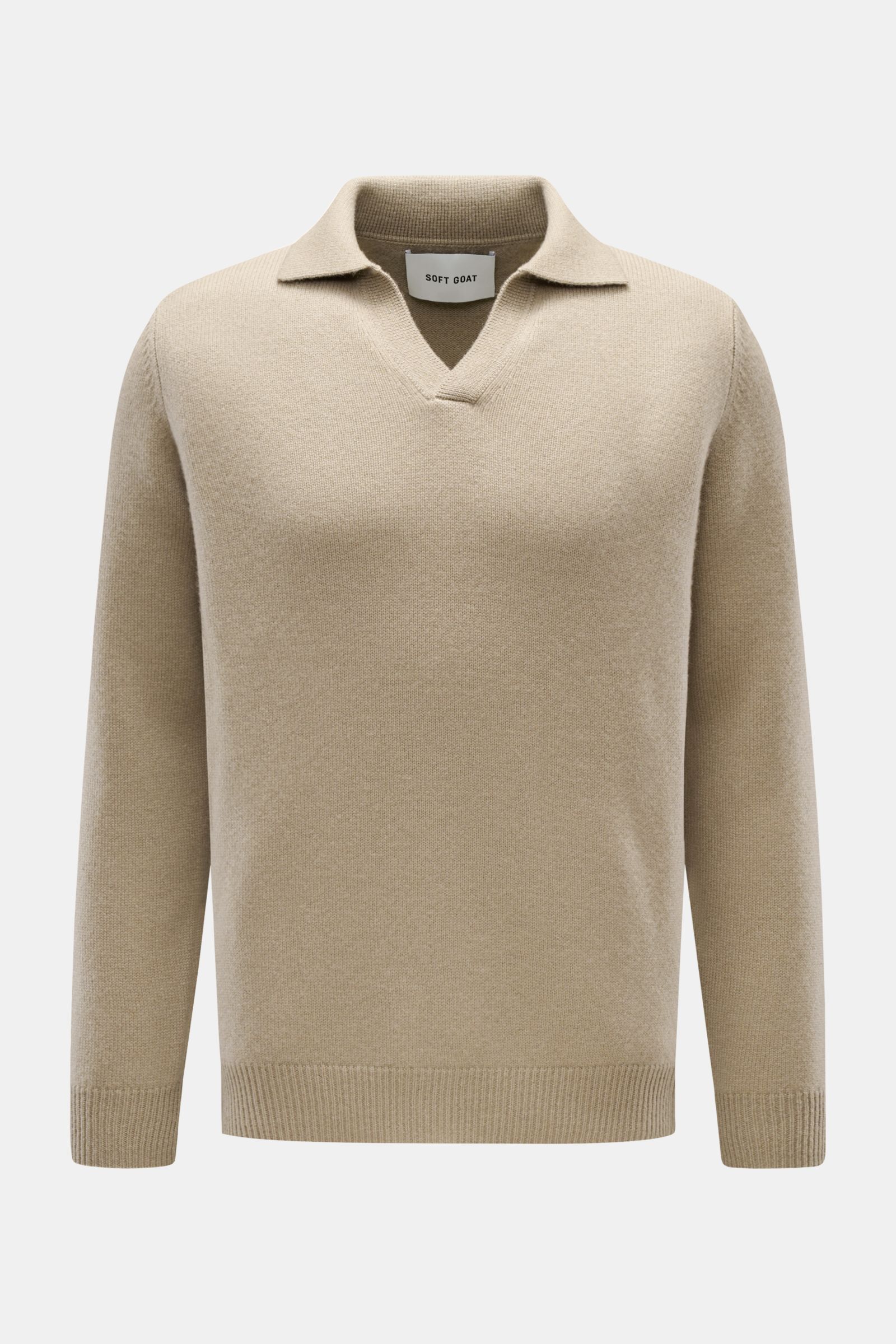 Soft Goat Cashmere Strickpolo khaki, frontale Ansicht, langärmlig, offene Kragenleiste, Regular Fit, mittelfeines Strickbild, weicher Griff, Rippbündchen, reiner Cashmere.
