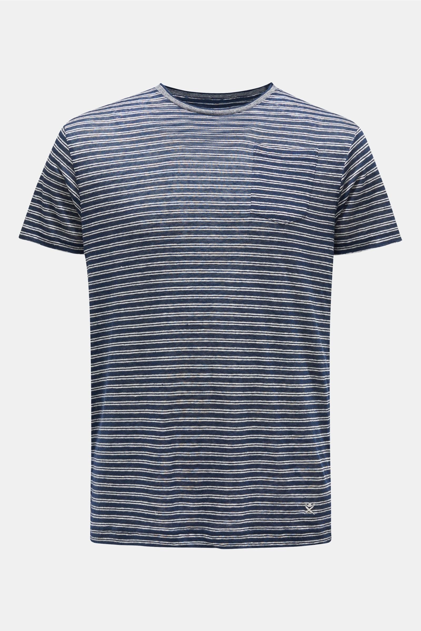 Linen crew neck T-shirt navy/white striped