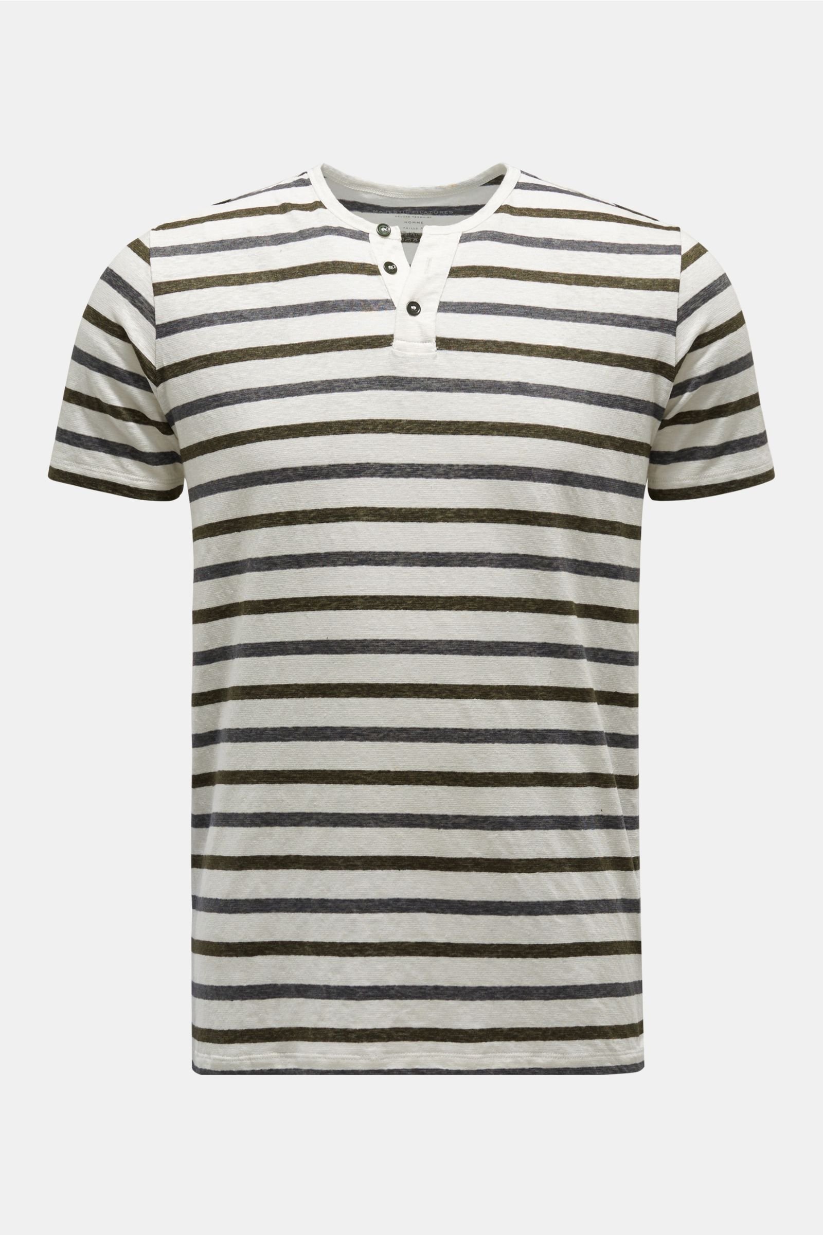 Leinen Henley-T-Shirt dunkelgrau/oliv gestreift