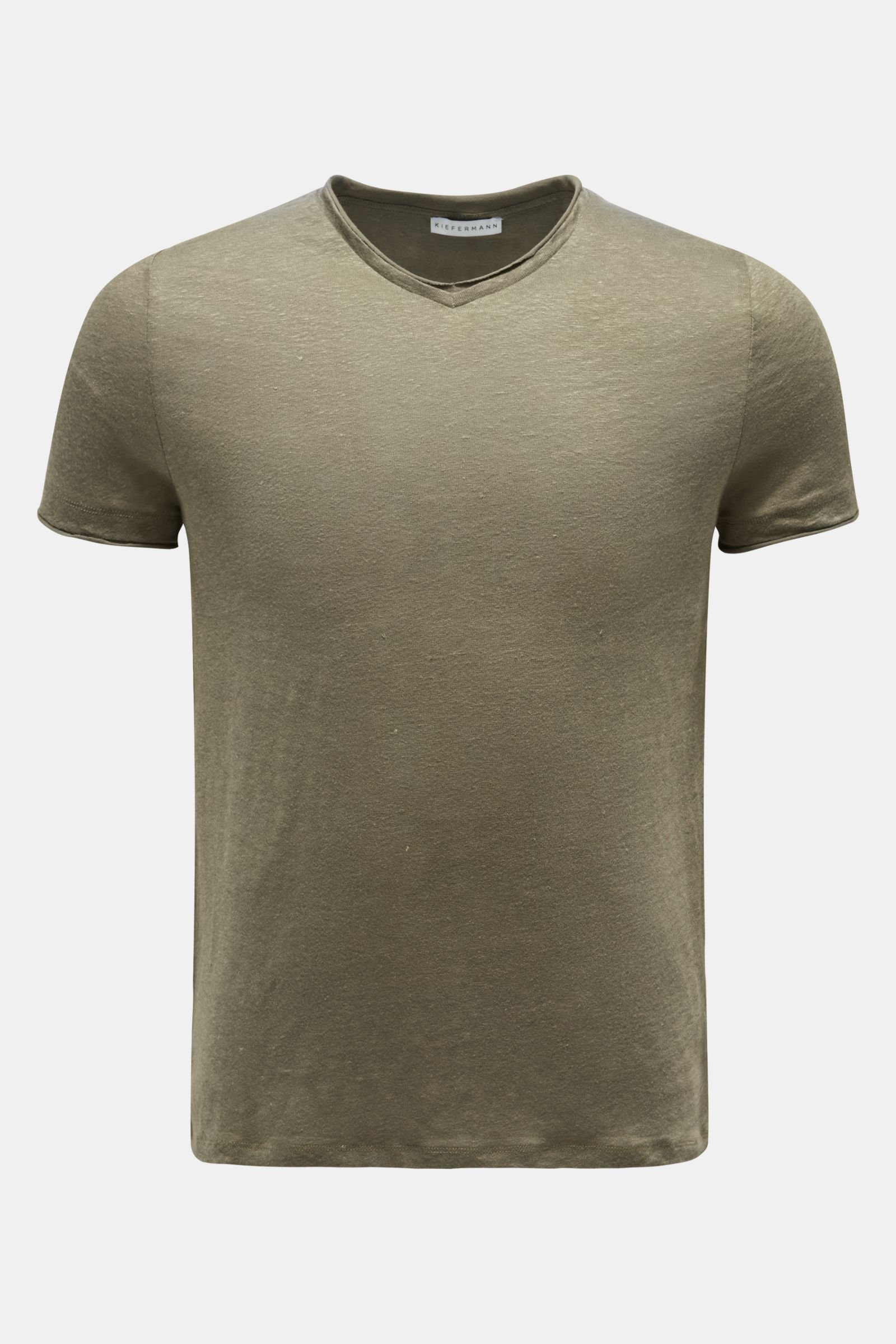 Leinen V-Neck T-Shirt 'Flynn' oliv