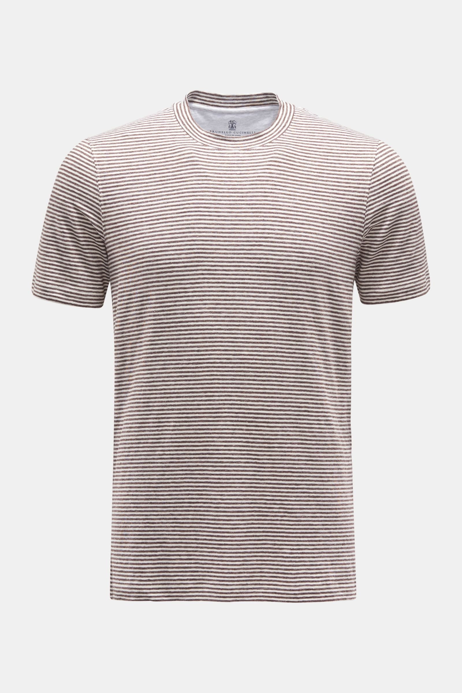 Leinen Rundhals-T-Shirt dunkelbraun/weiß gestreift