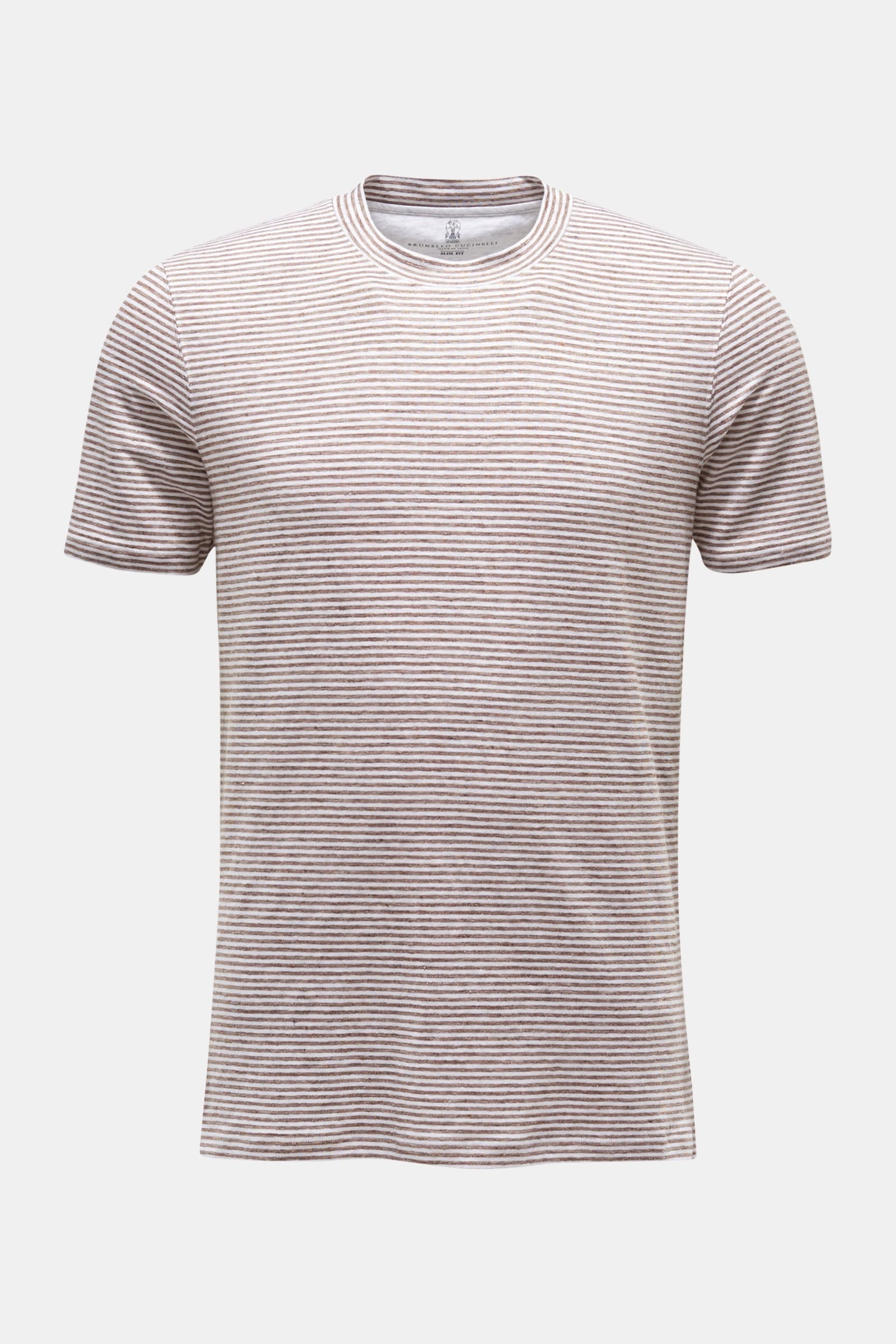 Leinen Rundhals-T-Shirt graubraun/weiß gestreift