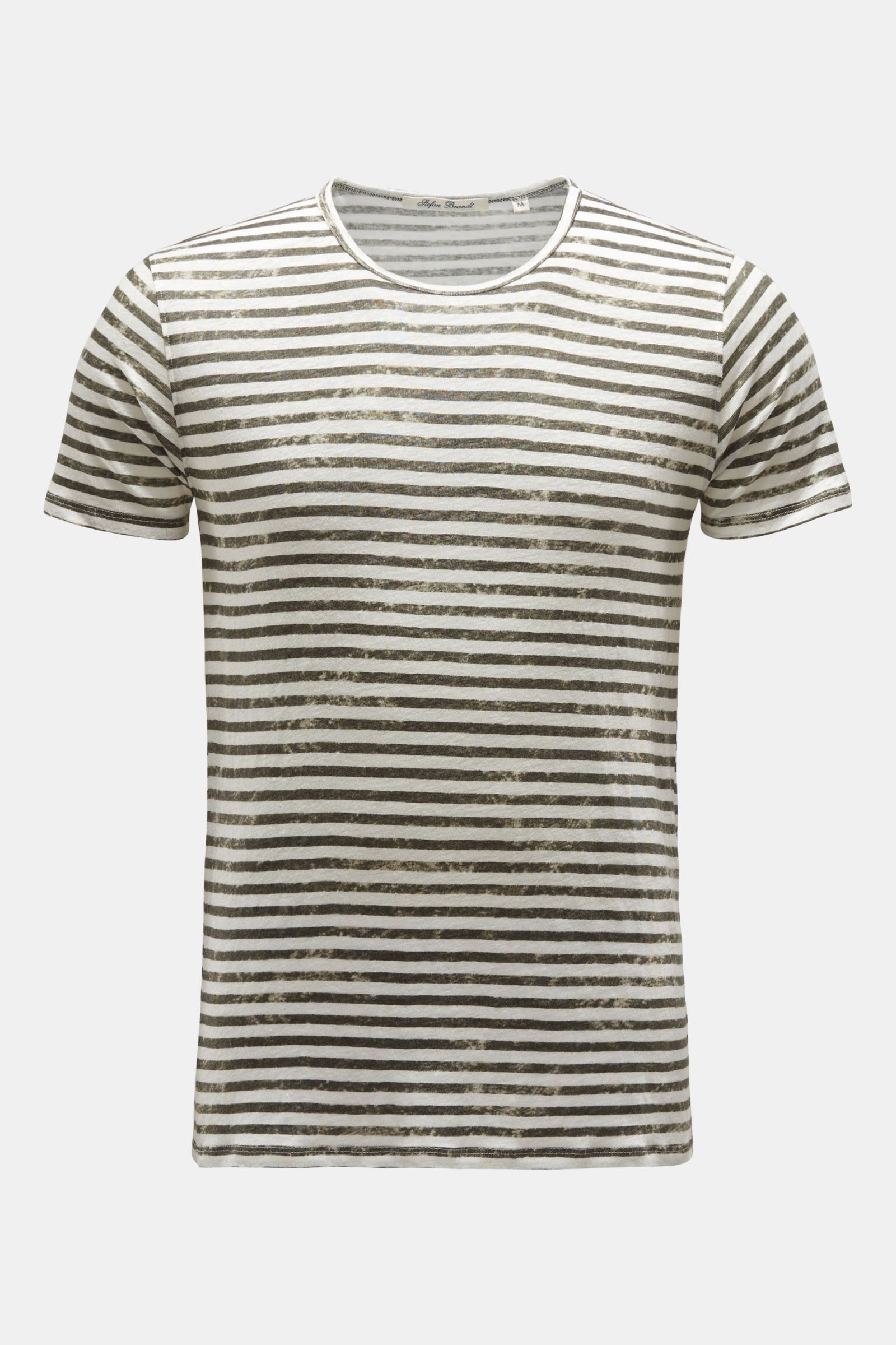 Leinen Rundhals-T-Shirt oliv/offwhite gestreift