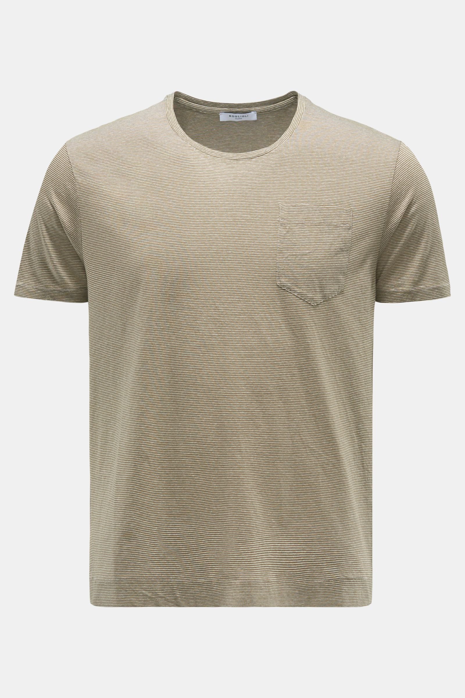 Rundhals-T-Shirt oliv/weiß gestreift