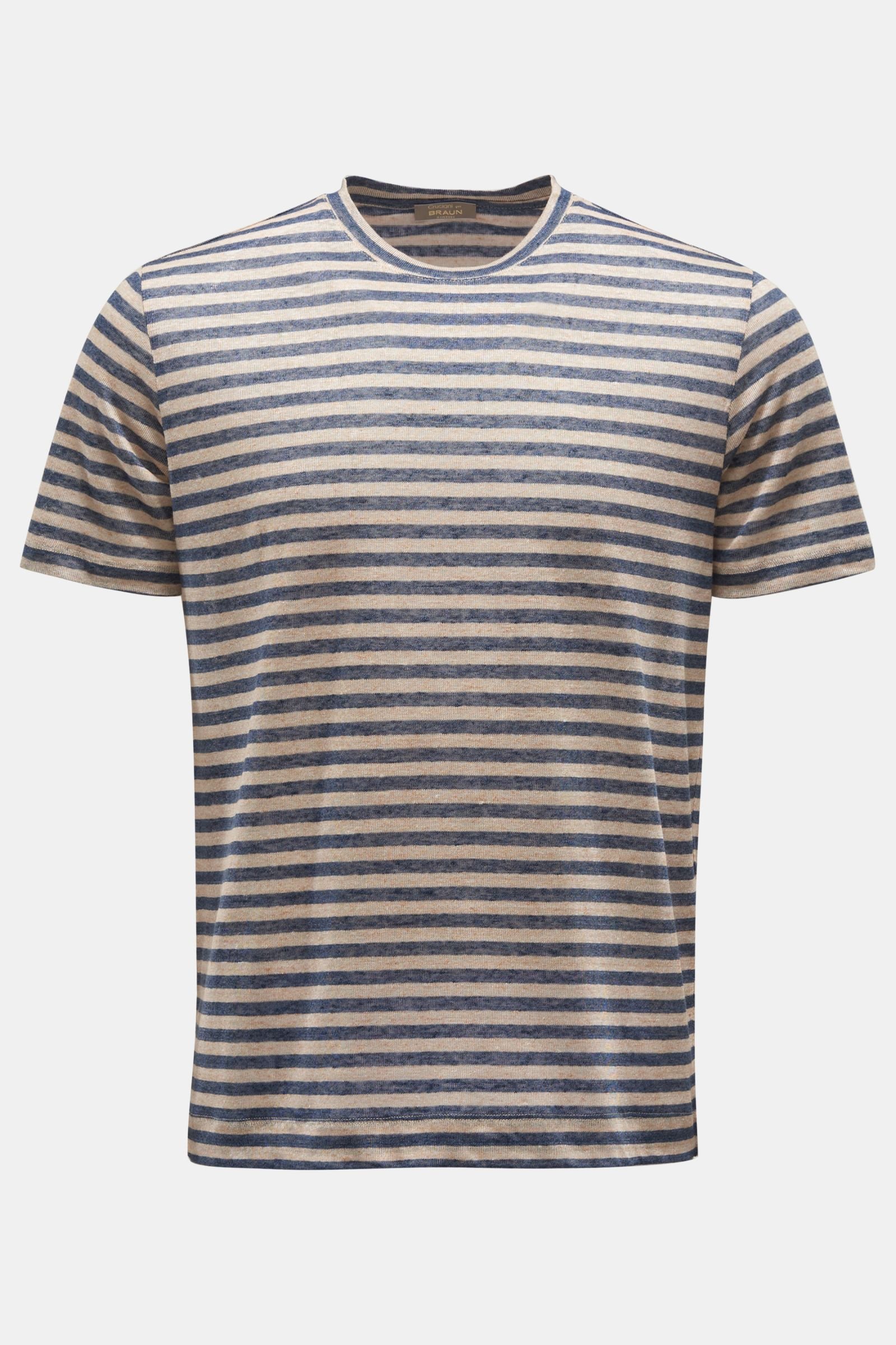 Linen crew neck T-shirt navy/light brown striped